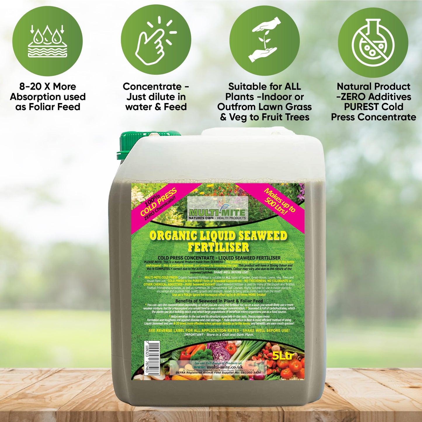 Multi-Mite 5 Ltr Liquid Seaweed -100% Natural & Organic Concentrate Cold Pressed Plant & Soil Fertiliser, Trees Lawn Veg & House Plants Root or Foliar Feeding