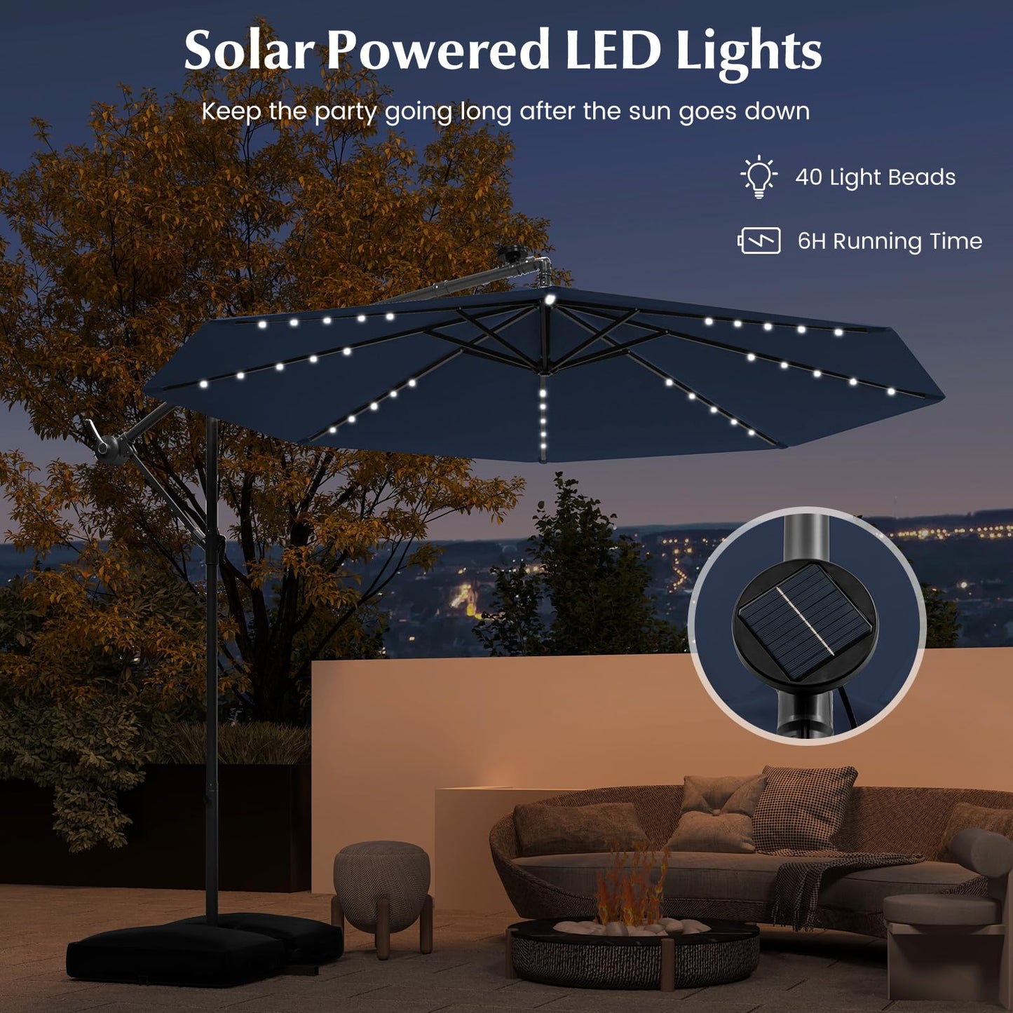 COSTWAY 3M Cantilever Garden Parasol, Hanging Offset Umbrella with 40 LED Lights, Solar Panel Batteries & Sand Bag, Outdoor Water-proof Canopy Sunshade Shelter for Patio Balcony (Navy)