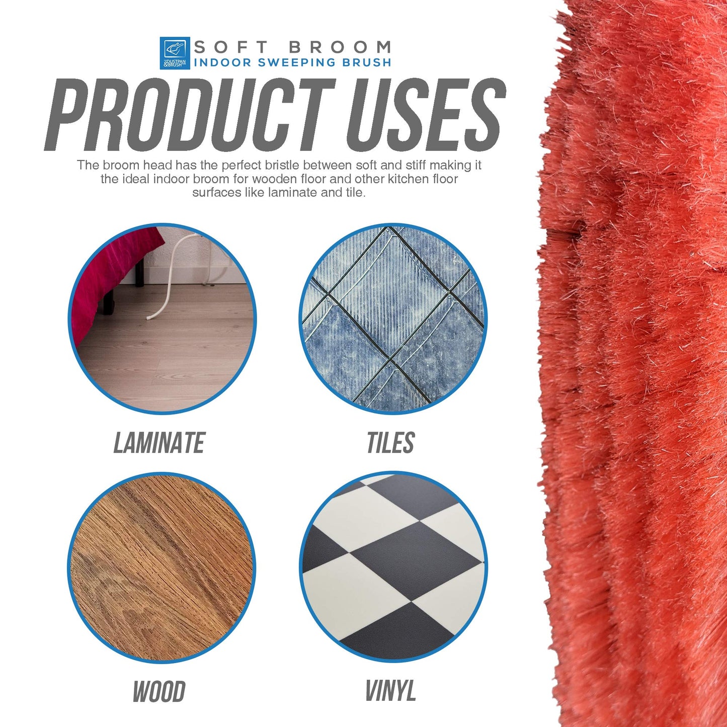 Soft Sweeping Brush Broom Indoor with Multi-Section Stainless Steel Long Handled Brush − House Broom Soft Bristle Brush for Cleaning Home and Kitchen Floors (Red)