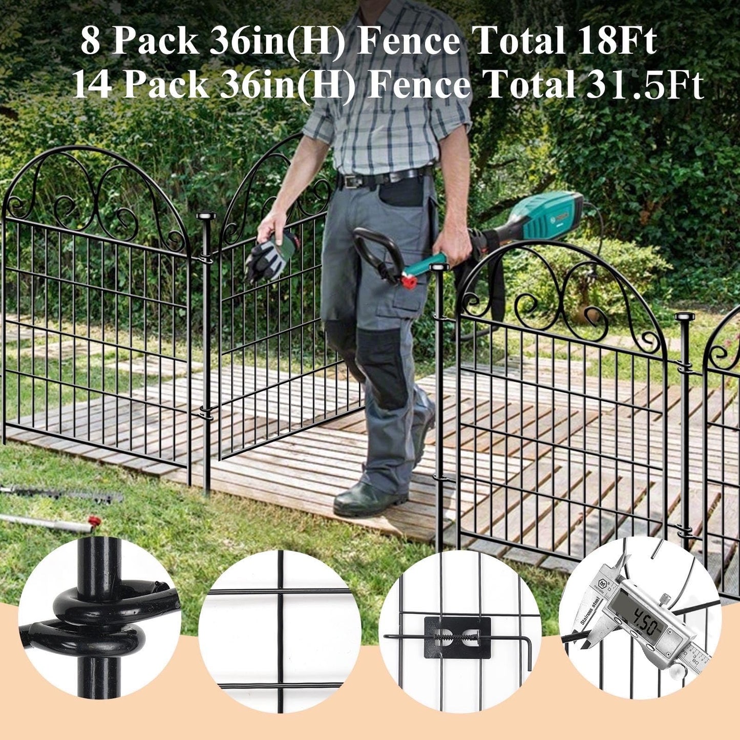Getlay Tall Garden Animal Barrier with Gate, 36in(H)×17.5ft(L) 8-Panel Dog Fence, Black Heavy Duty Metal Temporary Defense Fence