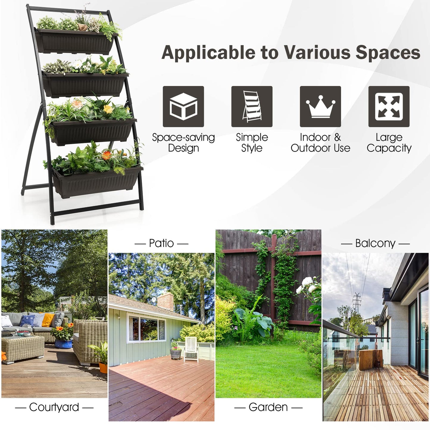 COSTWAY 124cm/163cm Raised Garden Bed, 4-Tier Vertical Garden Planter with 4 Container Boxes & Drainage Holes, Indoor Outdoor Elevated Flower Herb Growing Box for Patio Yard Balcony (76 x 78 x 163cm)