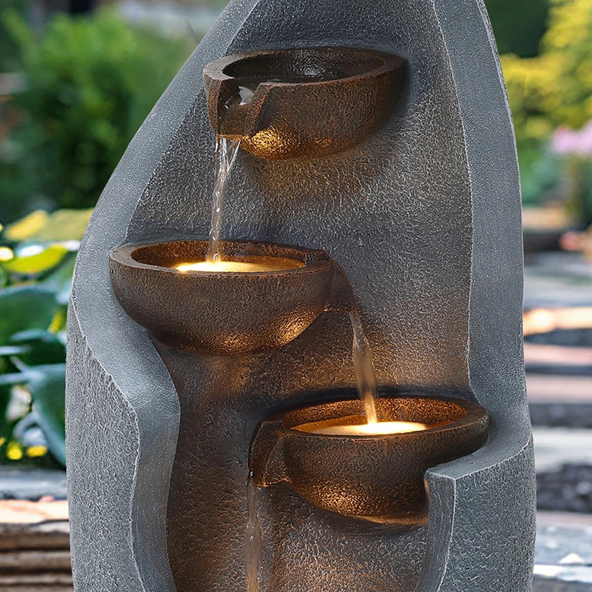 CHARLES BENTLEY 3 Tier Water Feature, UV Resistant, Weather Resistant, Mains Powered, Plug Included, Frost Resistant, Modern, Water Fountain, Built In LED Lights, Bronze, Polyresin (67x27.5x27cm)