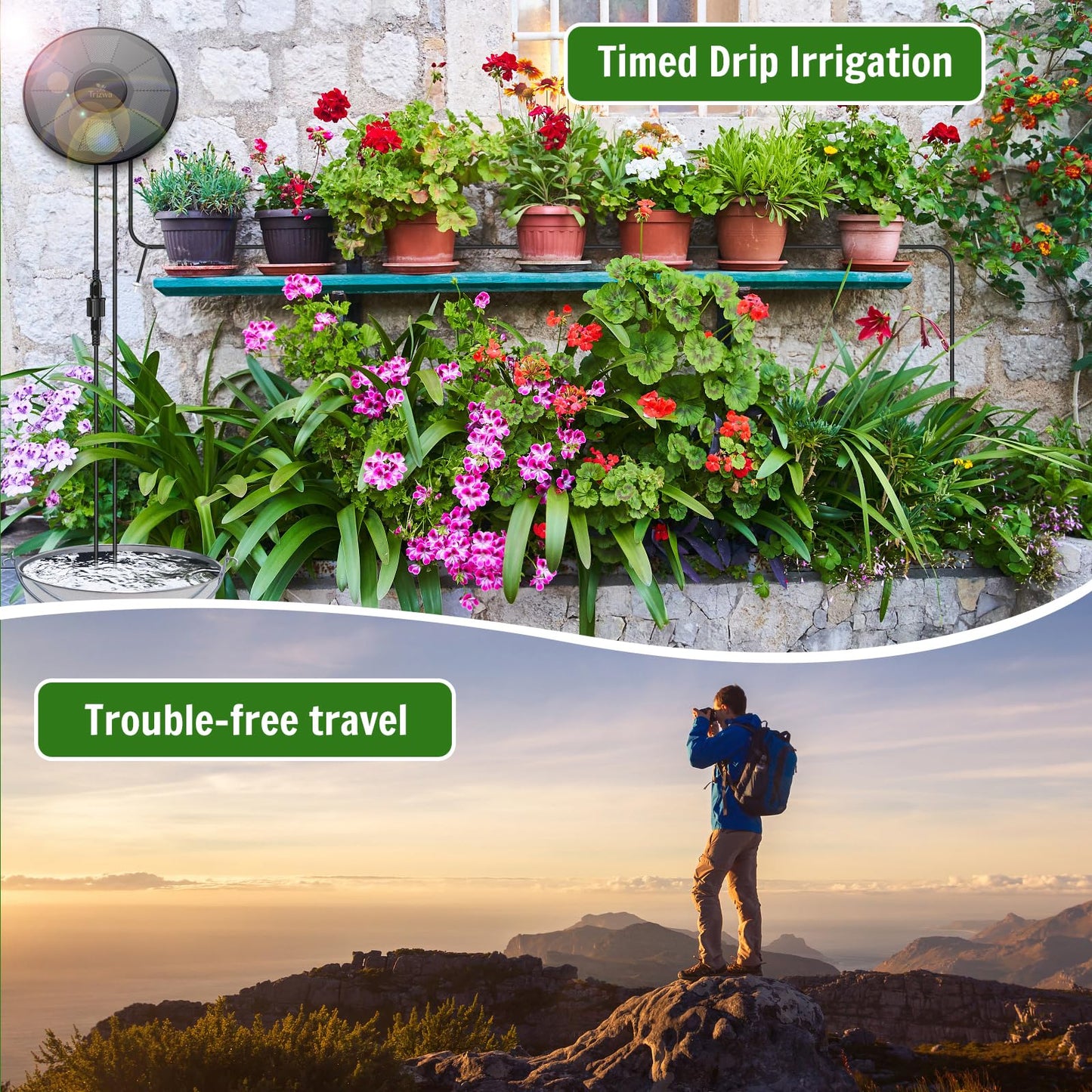 TRJZWA Solar Irrigation System Kit,2024 New Solar Garden Irrigation System DIY Automatic Watering System,2200mAh Solar Drip Irrigation System with 15 Drippers/15m Watering Hose/Early Warning Function