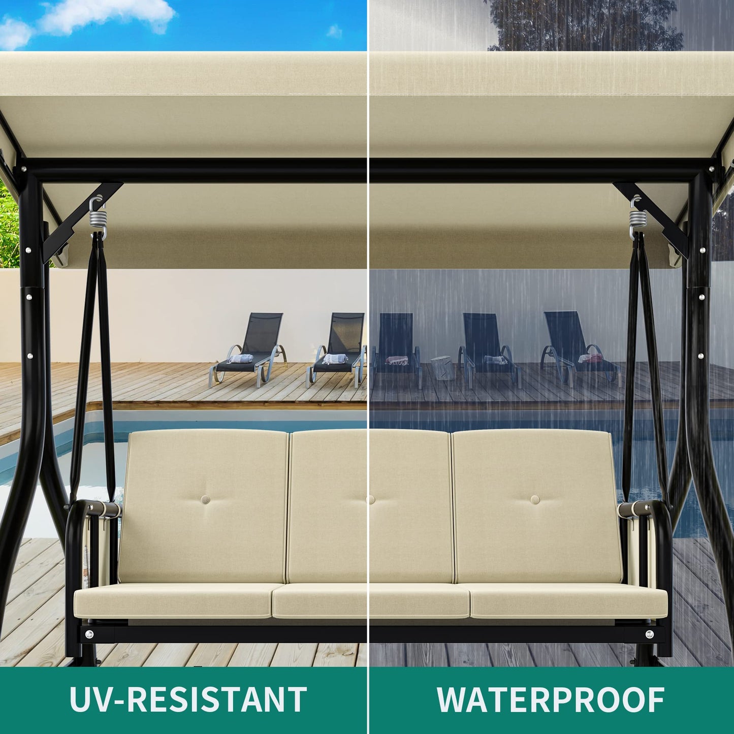 YITAHOME Canopy Garden Swing 3-Seats Outdoor Patio Swing Heavy Duty Swing Chair with Adjustable Canopy Removable Cushion, Suitable for Adult in Garden, Poolside, Balcony, Beige
