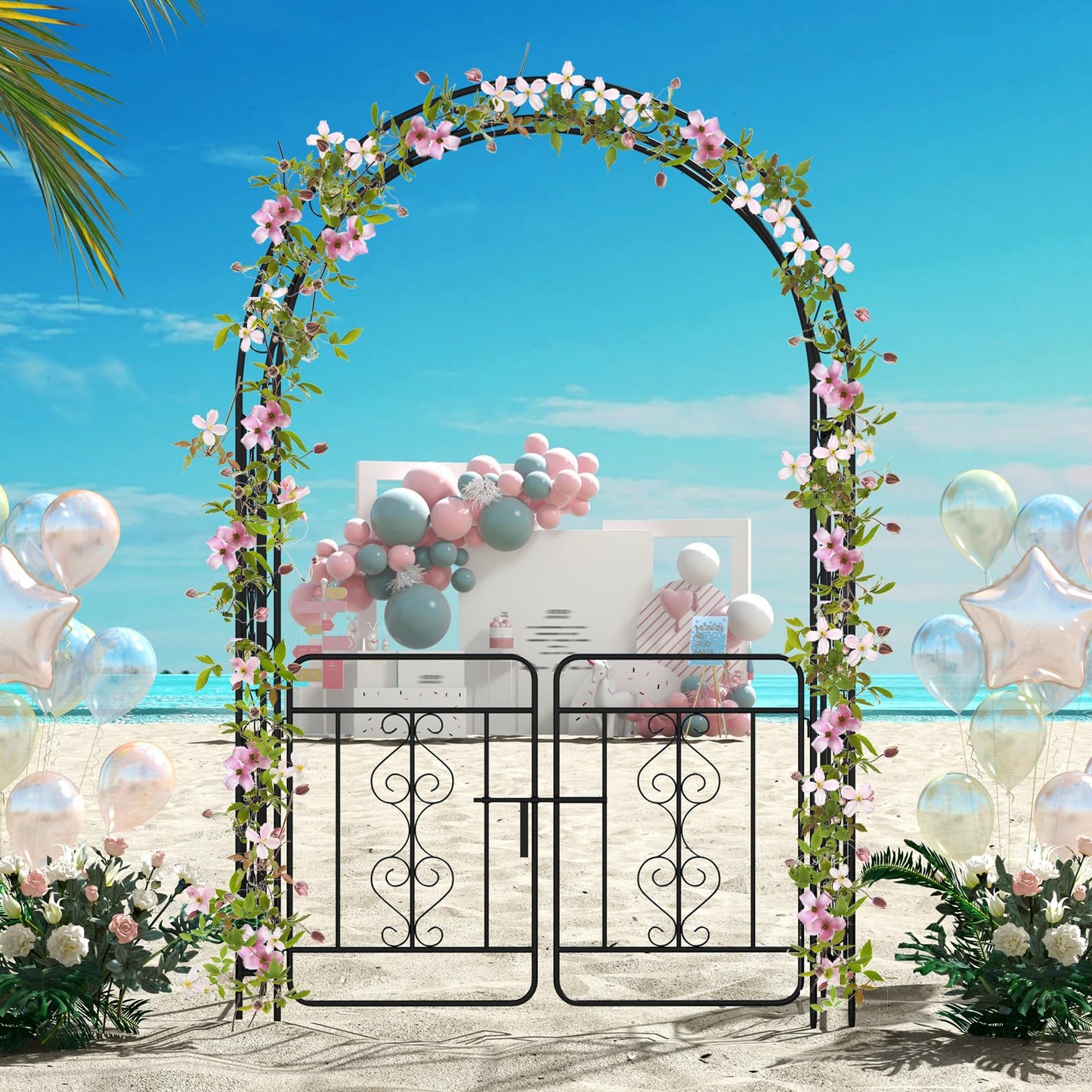 TANGZON Garden Arbor, Metal Arch Arched Top Arbor Trellis with Lockable Gate, Heavy-Duty Trellis Archway for Climbing Plants Grape Vines Wedding Ceremony (with multiple side crossbars,136x58x213cm)