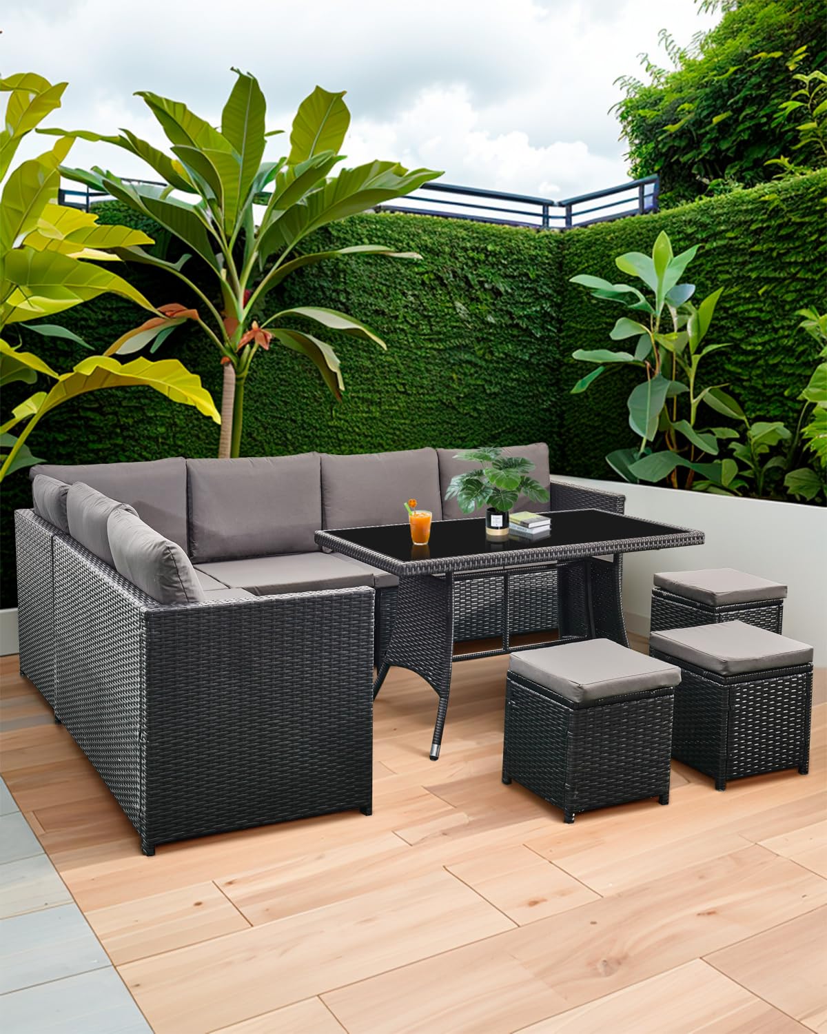 AFURNI 9-Seat Rattan Garden Corner Sofa & Dining Set