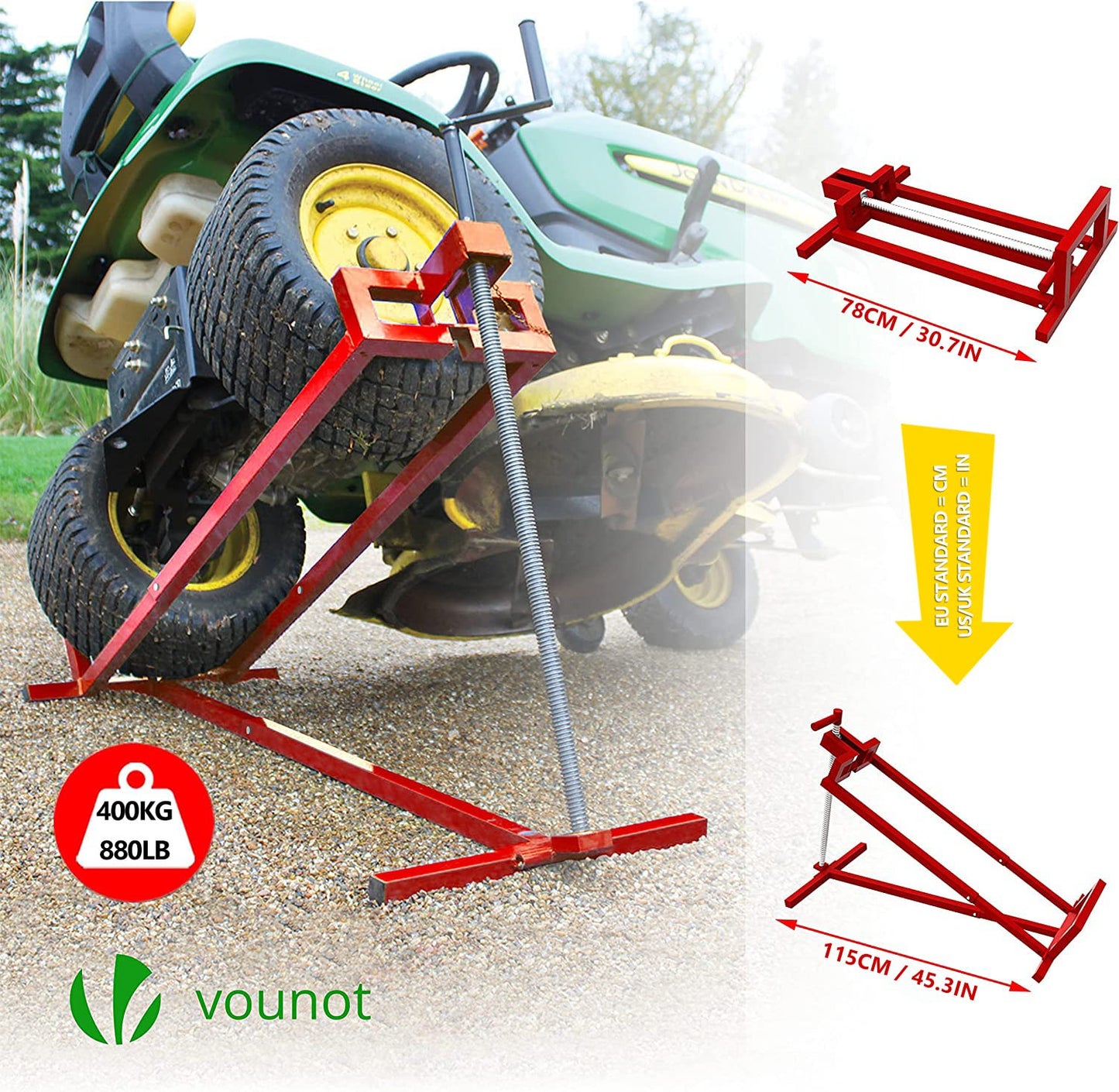VOUNOT Ride on Mower Jack Lift, Telescopic Maintenance Jack for Lawn mowers and Garden Tractors, Weight Capacity 400kg, Red