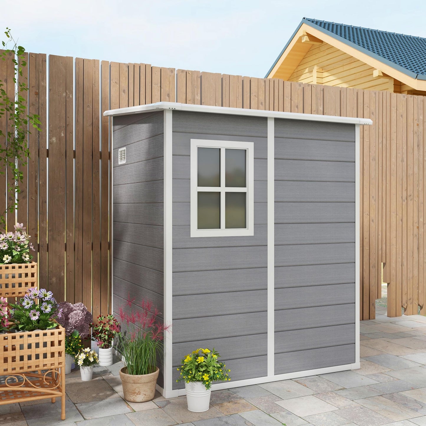 Outsunny 4 x 5FT Plastic Garden Shed, Lean to Shed, Lockable Tool Storage House with Window, Vent and Plastic Roof, Grey