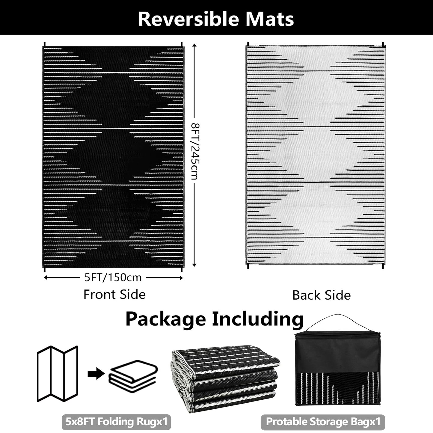 Falflor 150x245cm Outdoor Rug for Patios Waterproof Reversible Garden Rugs Plastic Picnic Blanket Indoor Outdoor Rug Floor Carpet for RV Backyard Beach Picnic Balcony(Black)