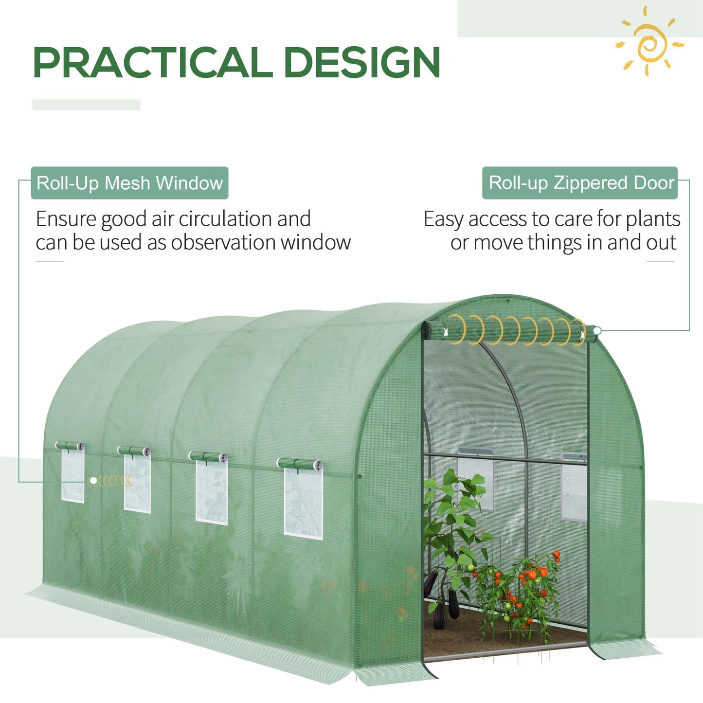 Outsunny Walk-in Polytunnel Greenhouse, Outdoor Garden Tunnel Greenhouse Tent with Zipped Roll-Up Door and 8 Mesh Windows, 4 x 2M
