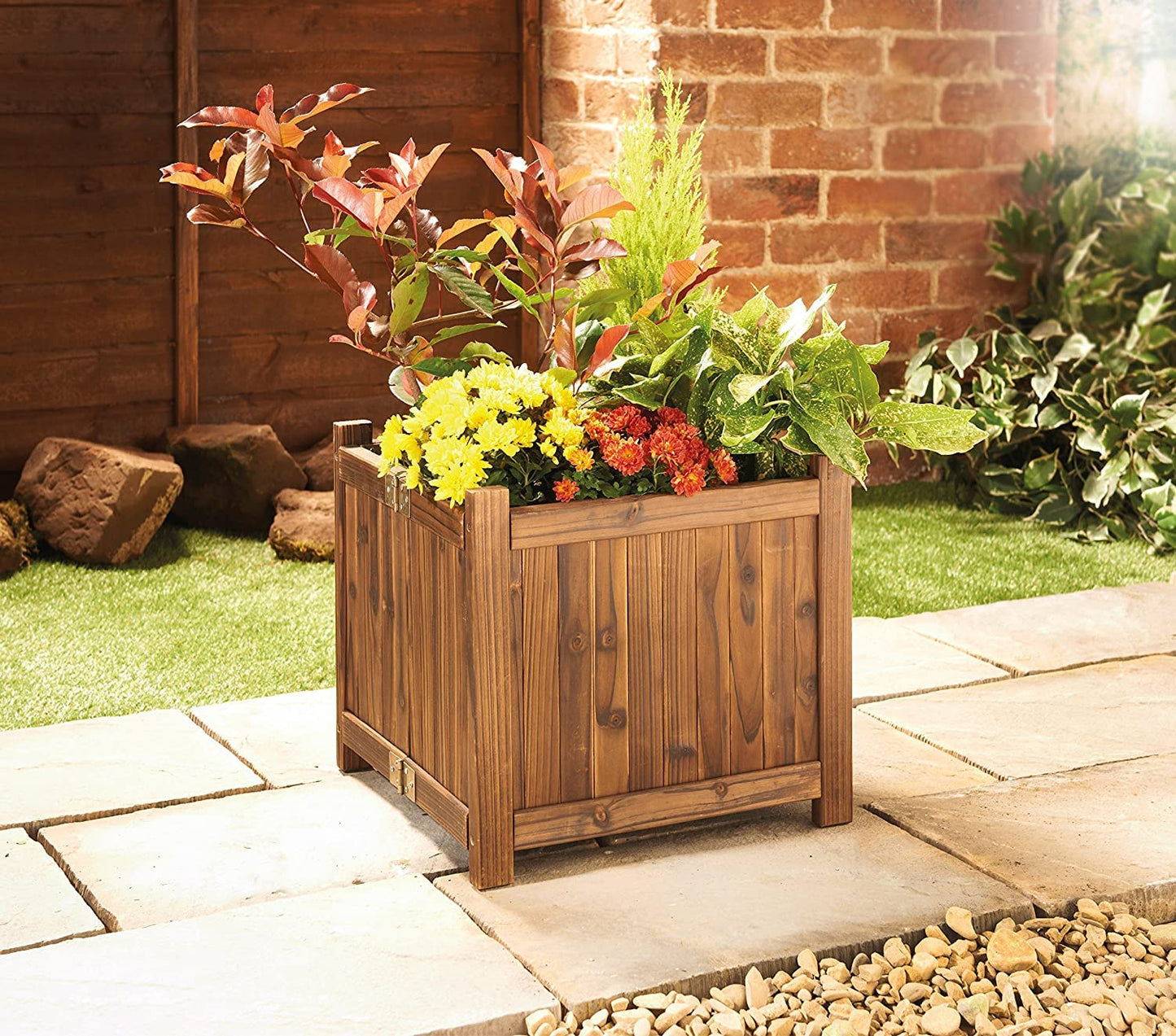 spot on dealz® Wooden Square Free Standing Planter Outdoor Display Flower Ornament Lawn Porch Decor Wooden Design Decorative Garden Feature