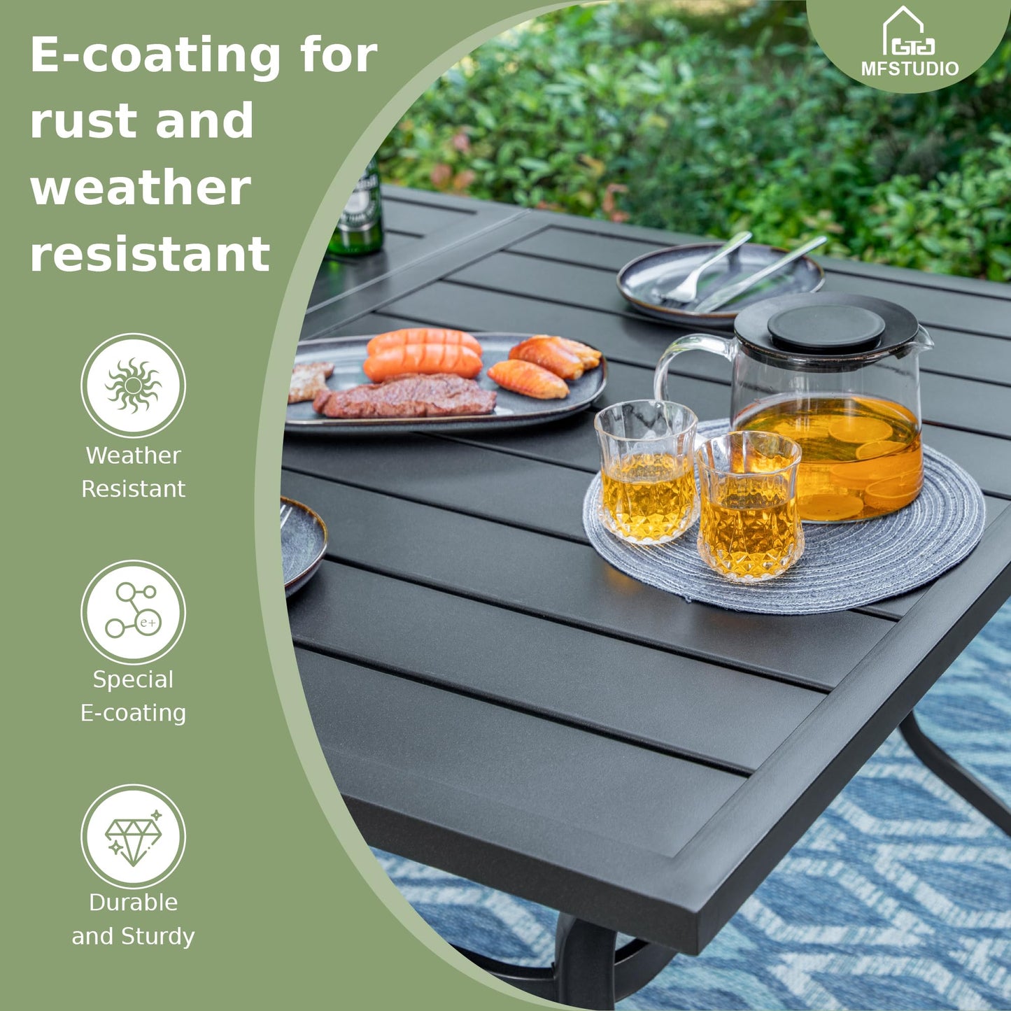 MFSTUDIO 152 x 96 x 71cm Garden Table, Outdoor Dining Table, Metal Rustproof Steel Frame and 4 cm Parasol Hole, for Deck, Backyard, Lawn, Garden (Black)