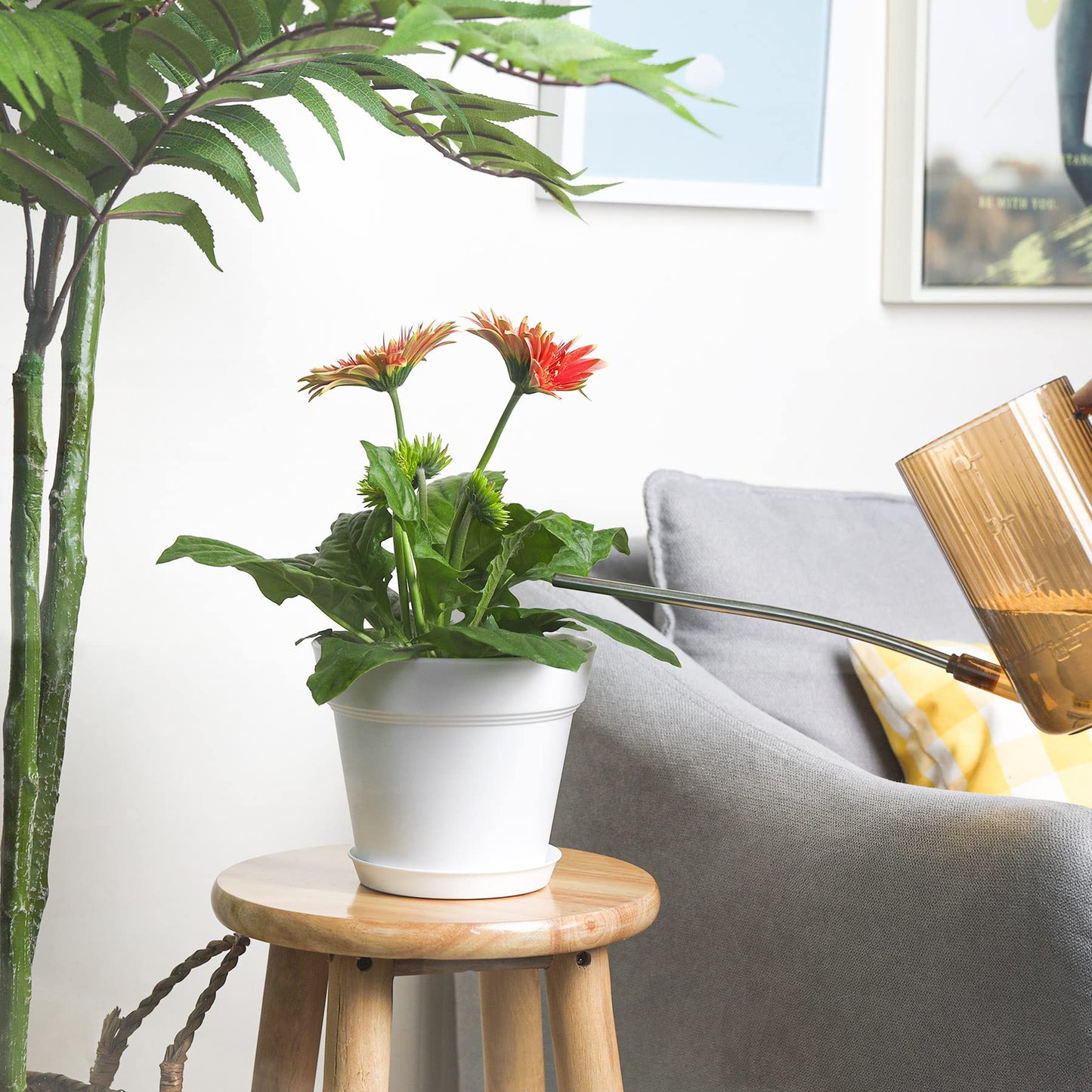 T4U 17.5CM Plastic Plant Pots 6-Pack, Large Flower Planter with Drainage Hole and Saucer, Classic Indoor Outdoor White Plant Pots for Orchid, Penoy, Rose, Snake Plant, Aloe, Tulips, Peace Lily