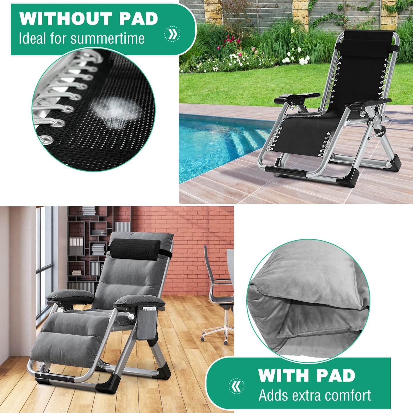 SUNYRISY Sun Lounger Garden Chair, Heavy Duty Adjustable Zero Gravity Chair with Cushion, Headrest, and Pocket, 200kg Support Foldable Lawn Garden Recliner Chairs for Outdoor/Indoor