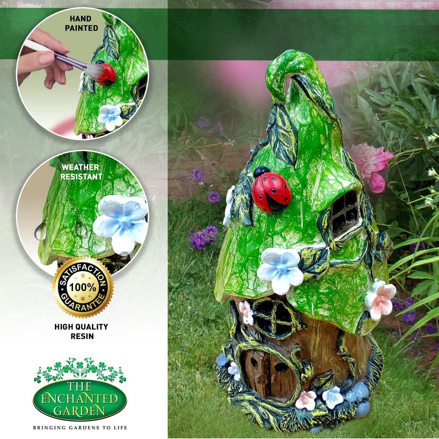 THE ENCHANTED GARDEN Fairy House Green Flower Ornament Outdoor Decoration Fairy Garden Accessories Statue Elf Pixie Fairies Home