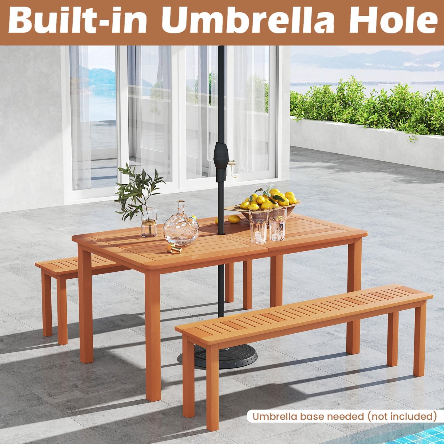 TANGZON Large Garden Table for 6, 150 x 90cm Rectangular Outdoor Dining Table with 5cm Parasol Hole & Slatted Top, Hardwood Patio Bistro Tables Furniture for Balcony Backyard Lawn