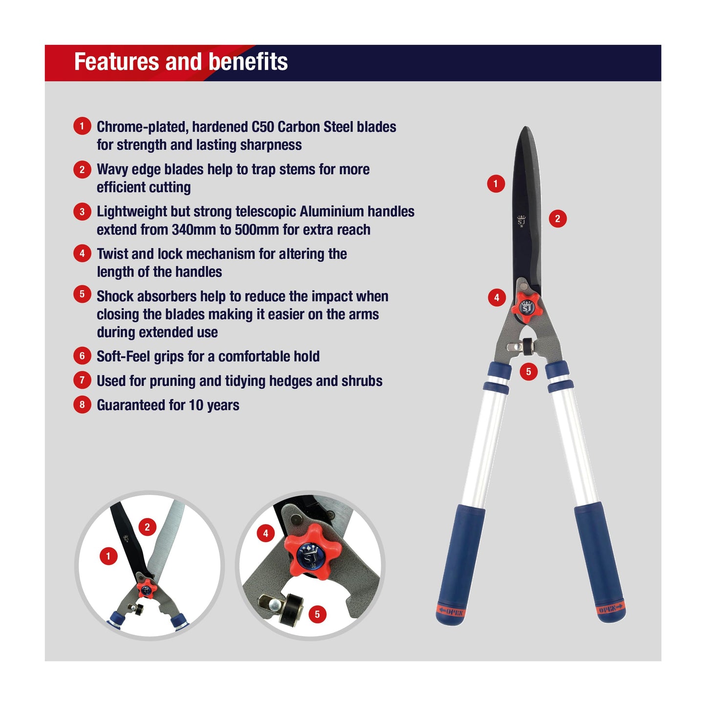 Spear & Jackson 8120RS Razorsharp Telescopic Hedge Shears, Blue