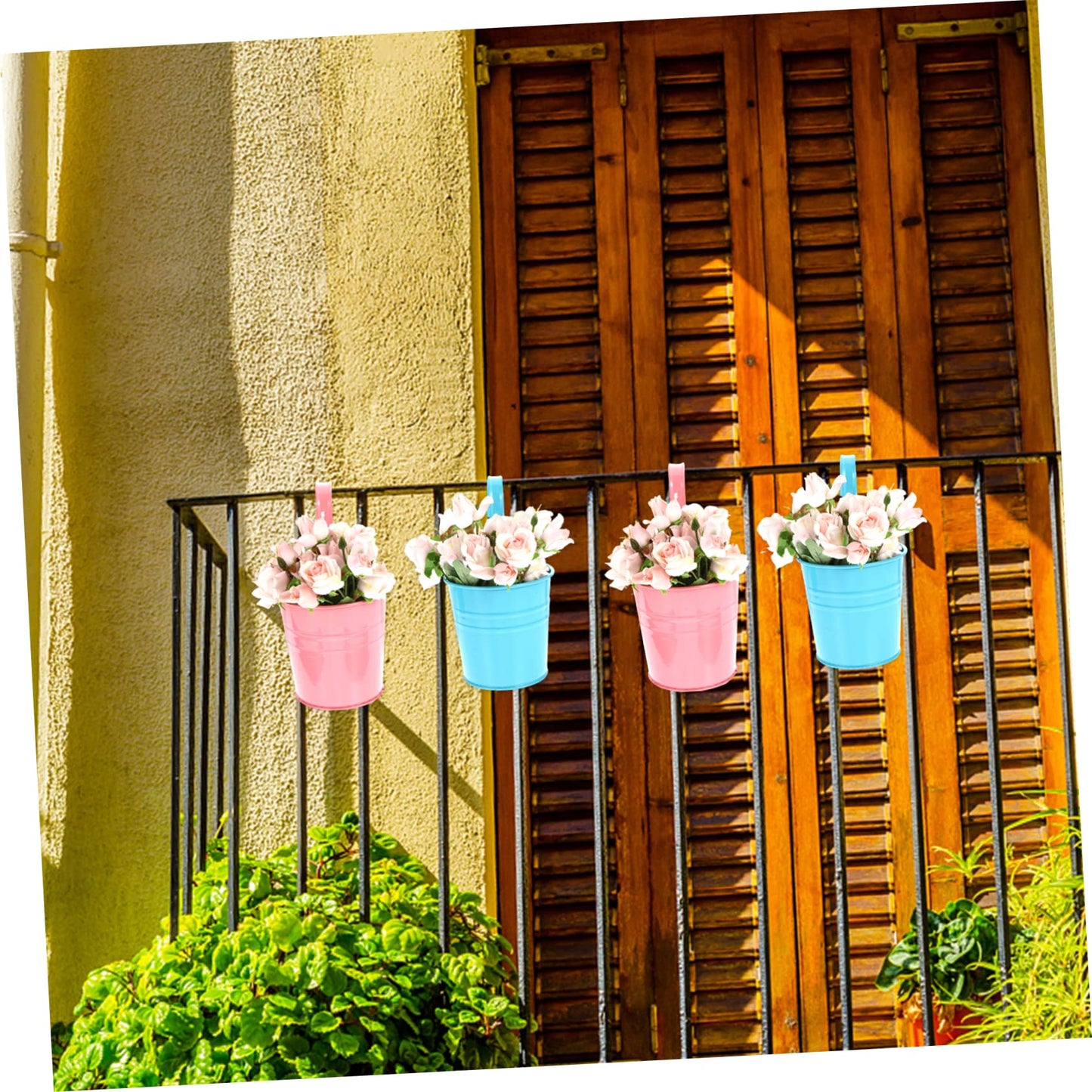 OFFSCH 6pcs Hanging Tin Flower Bucket French Country Decor Outdoor Metal Flowers Outdoor Plant Pots Iron Flower Pot Small Hanging Planters Blue Hanging Iron Bucket Flower Holder Metal