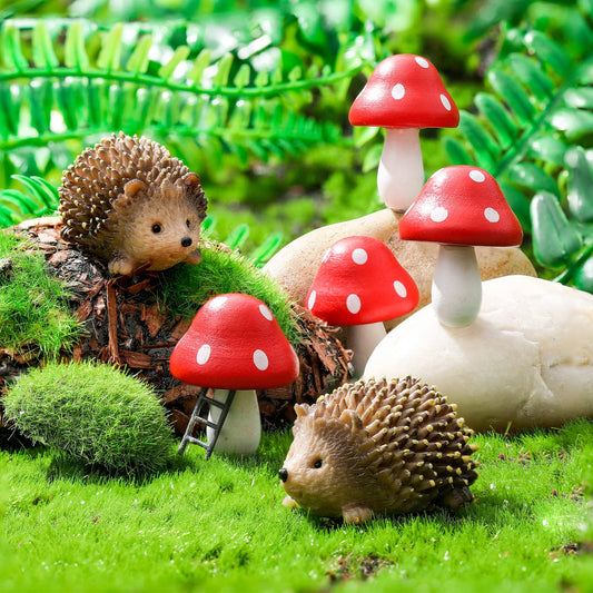 Queekay Fairy Outdoor Garden Animals Figurines Outdoor Fairy Wild Garden Accessories Resin Hedgehogs and Wood Mushroom Miniature Figurines for Plant Pots Bonsai Craft Decor Supplies