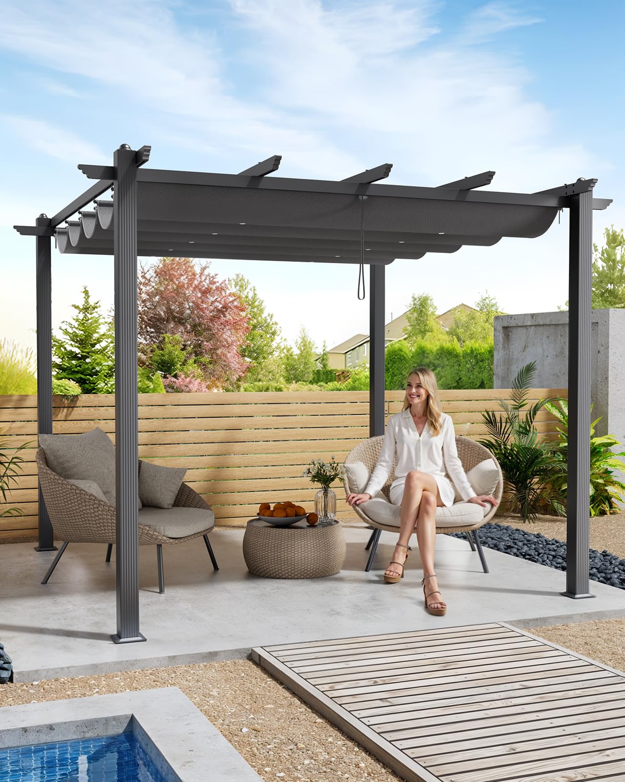 The Fellie 3M x 3M Aluminium Pergola with Retractable Roof, Outdoor Garden Gazebos Water-resistant, Large Metal Retractable Pergola Sun Shade Shelter for Garden, Patio, Poolside, Party, BBQ, Dark Grey