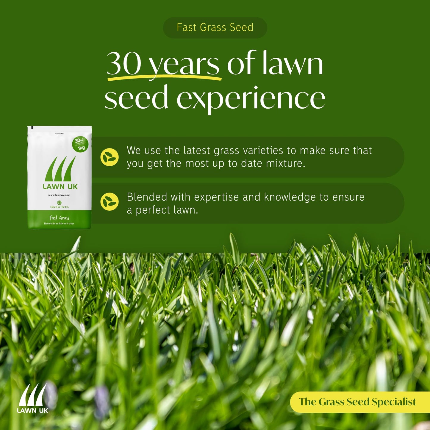 Fast Grass Seed Lawn UK - 5KG - Easy to sow - Fast to Grow & Germinate - 7-10 Days - Hardwearing - Affordable Price - for Small High Traffic Lawns - Quick Renovation