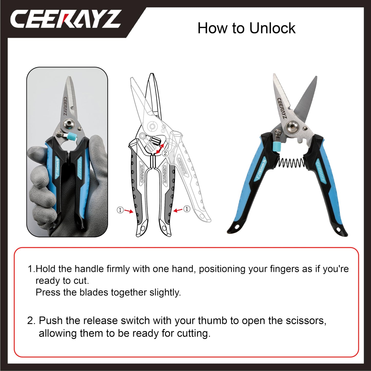 CEERAYZ 185mm Notch Scissors All Purpose Heavy Duty, Garden Shears, Scissors for DIY Projects, Office, Production Lines, Pruning, with Protective Sheath (Black/Blue)