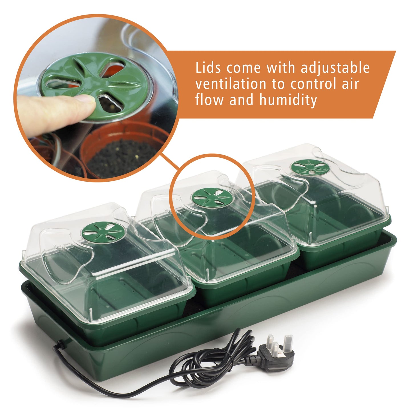 EarlyGrow Heated Electric Shatter Resistant 3-Bay Windowsill Propagator with Capillary Mat and Tray (Self-Watering)