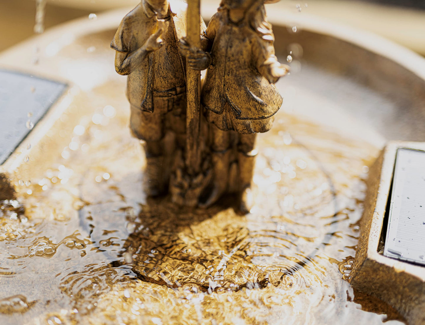 Garden Mile Solar Powered Boy & Girl Umbrella Water Fountain Rustic Traditional Water Feature Garden Solar Water Ornamental Fountain Bird Bath Garden Patio Energy Efficient Resin Solar Water Feature