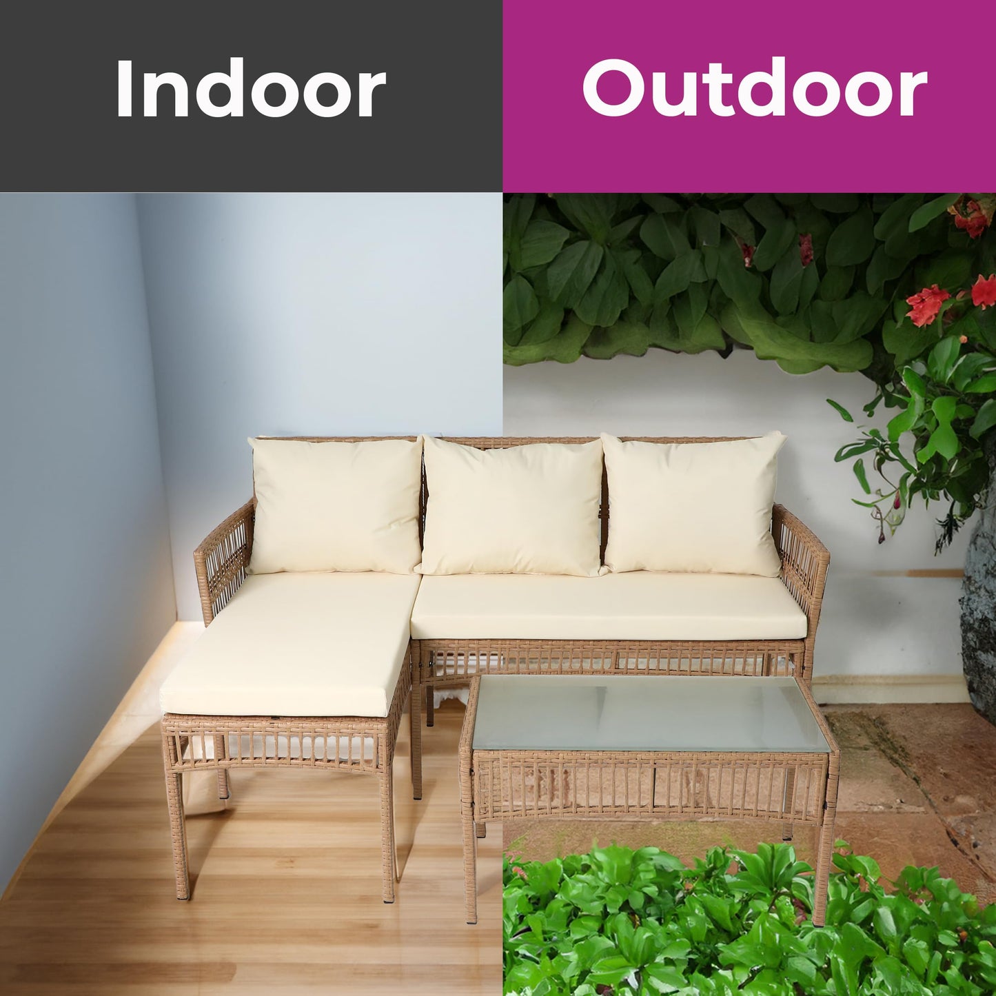 Neo 3 Piece Natural Rattan Wicker Rope Corner L Shaped Sofa Cushions Garden Patio Furniture Set Coffee Table