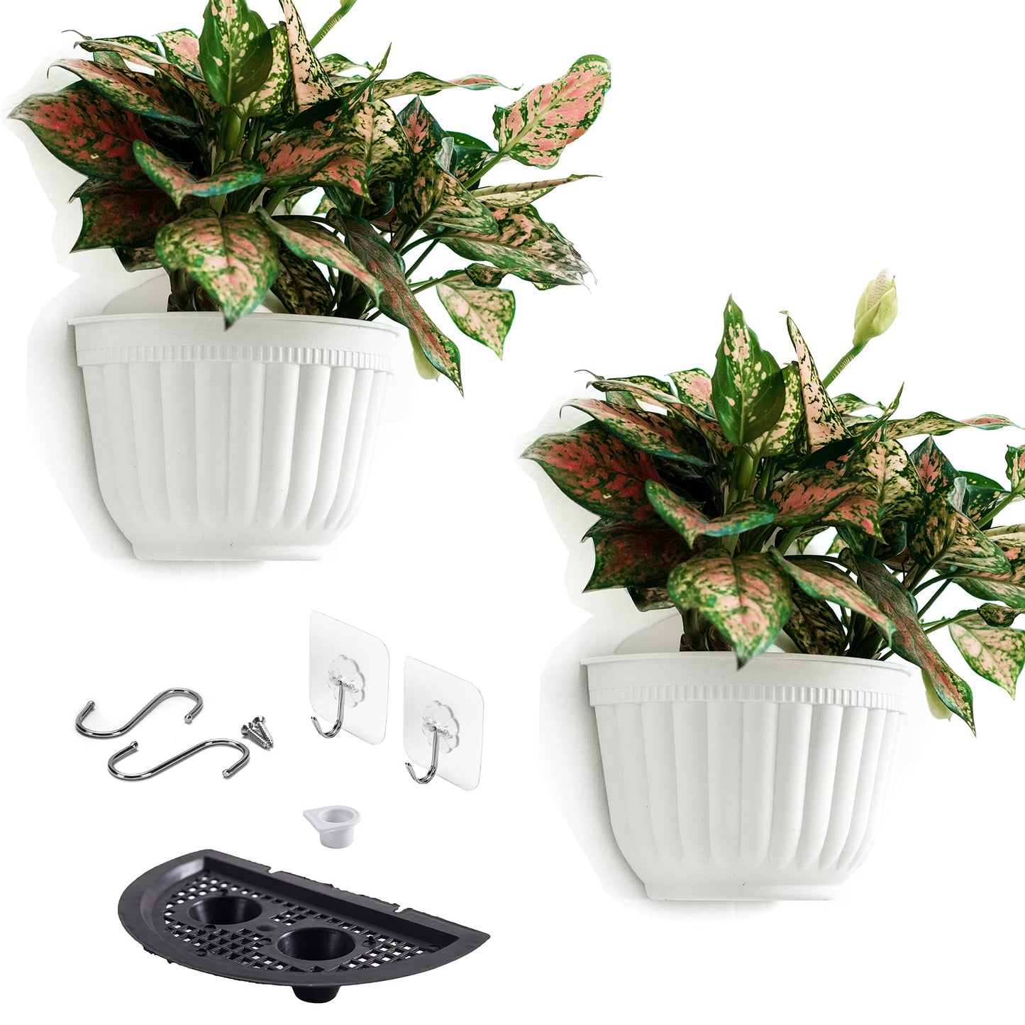 2 Pack Plastic Wall Plant Pots Vertical Garden Living Wall Mounted Window Hanging Basket Fence Planters Indoor Outdoor for Plants Flowers Kitchen Herbs Holder with Drainage Water Reservoir Decor White
