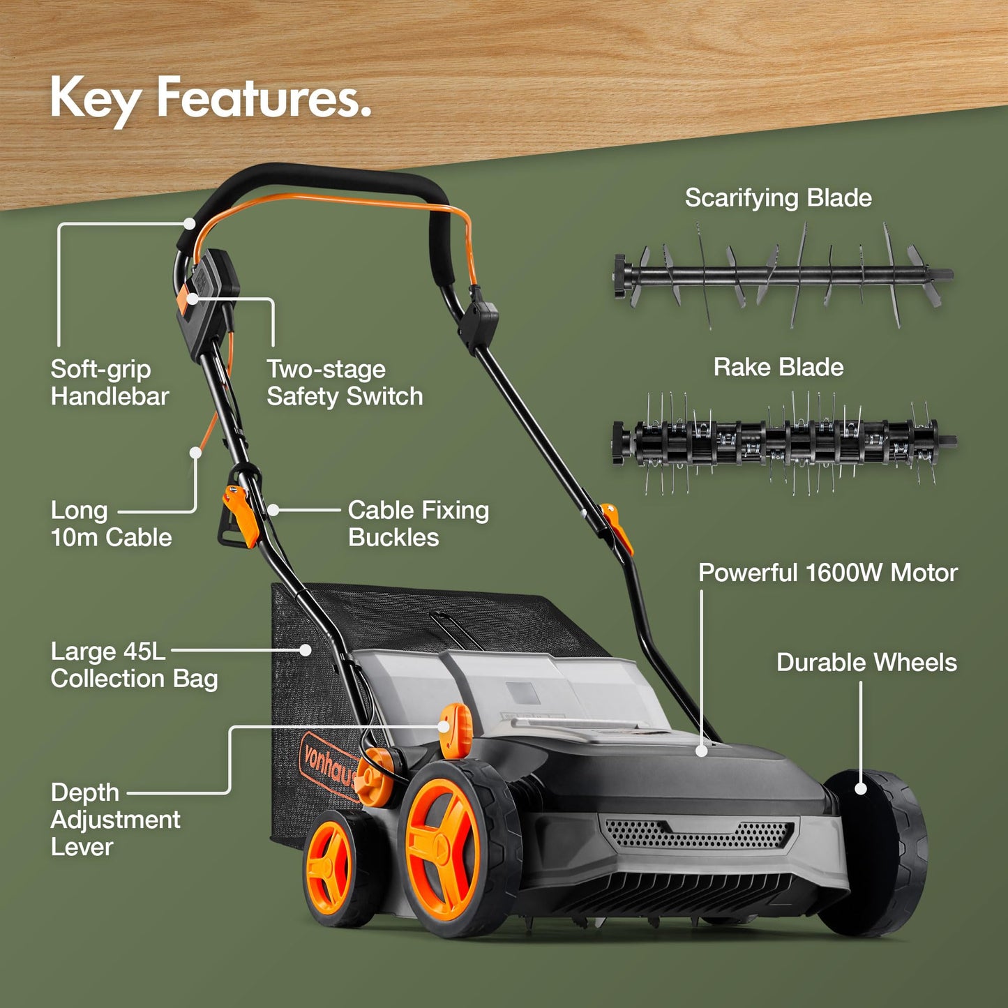 VonHaus Lawn Scarifier/Aerator/Rake Electric 1600W – for Dethatching/Raking Grass of Thatch, Moss, Dead Leaves and Aerates Soil – 45L Collection Box, 10m Cable, 6 Cutting Heights, 37cm Working Width