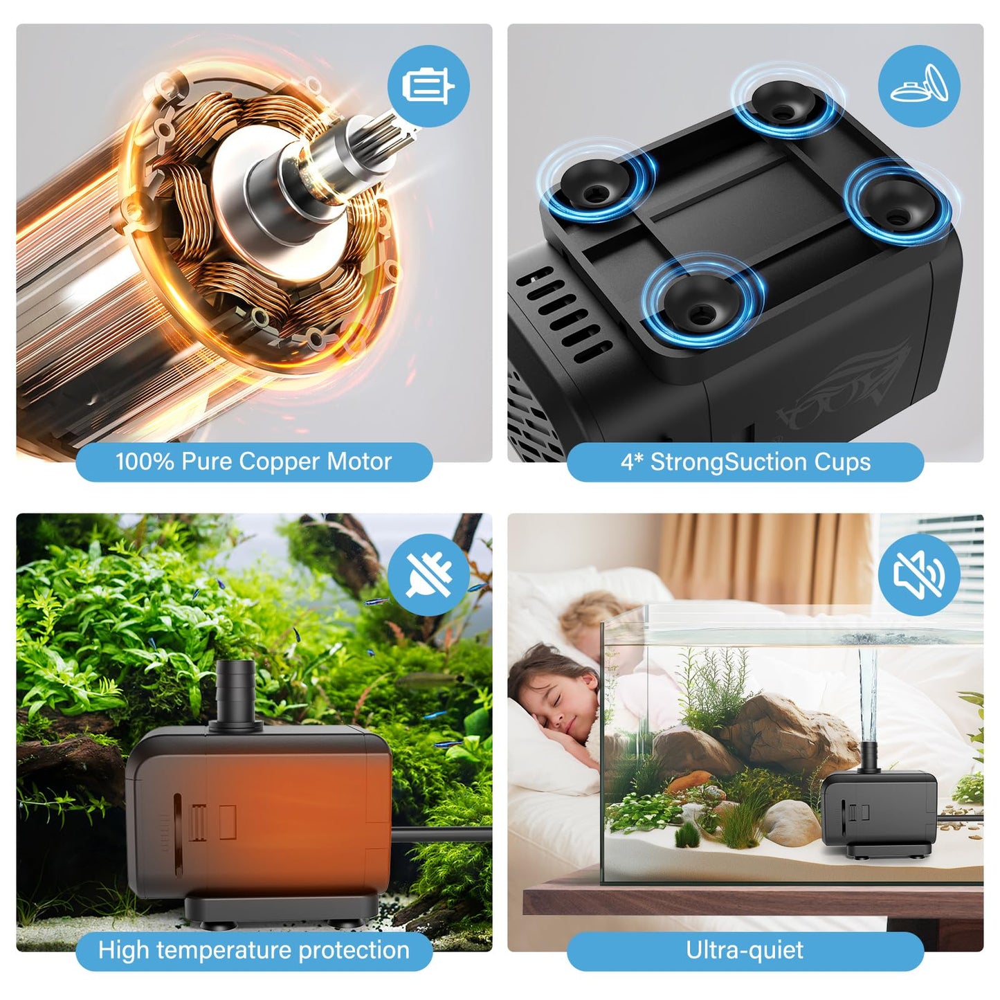 AQQA Submersible Water Pumps, 1500L/h Adjustable Flow Pond Pump, Ultra Quiet Water Feature Pump with Side/Bottom Suction, 1.6m High Lift Fountains Pump for Hydroponics, Small Pond, Aquariums