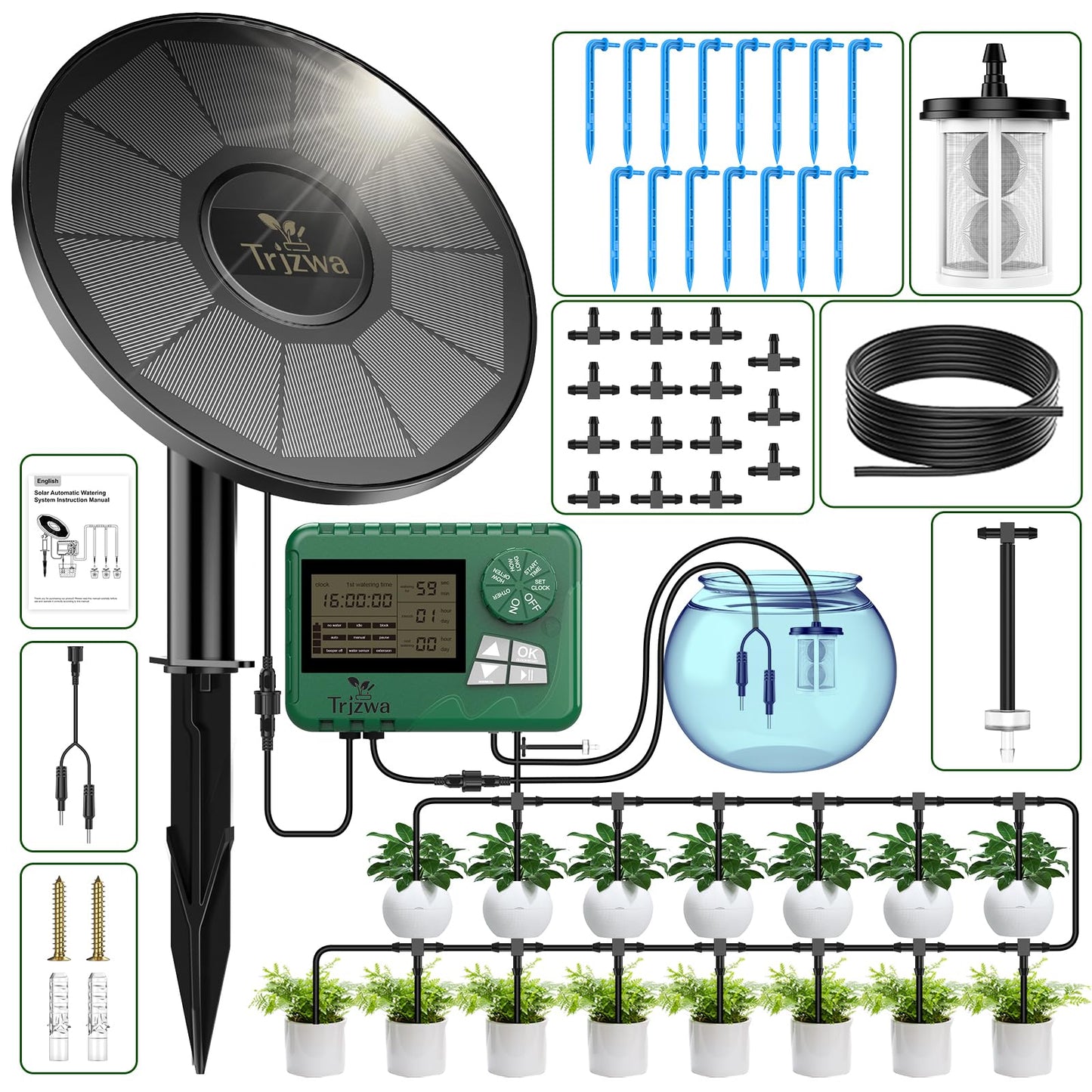 TRJZWA Solar Irrigation System Kit with Early Warning Function,DIY Solar Automatic Drip Irrigation Kits,Automatic Watering System with 15m Watering Hose and 15 Drippers for Balcony/Garden/Courtyard