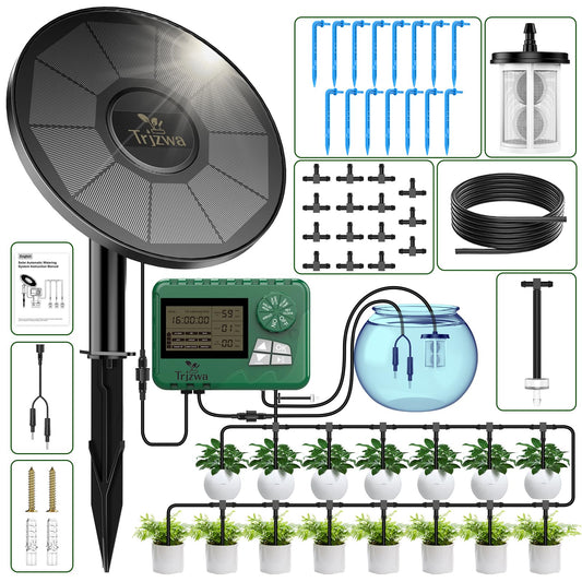 TRJZWA Solar Irrigation System Kit with Early Warning Function,DIY Solar Automatic Drip Irrigation Kits,Automatic Watering System with 15m Watering Hose and 15 Drippers for Balcony/Garden/Courtyard