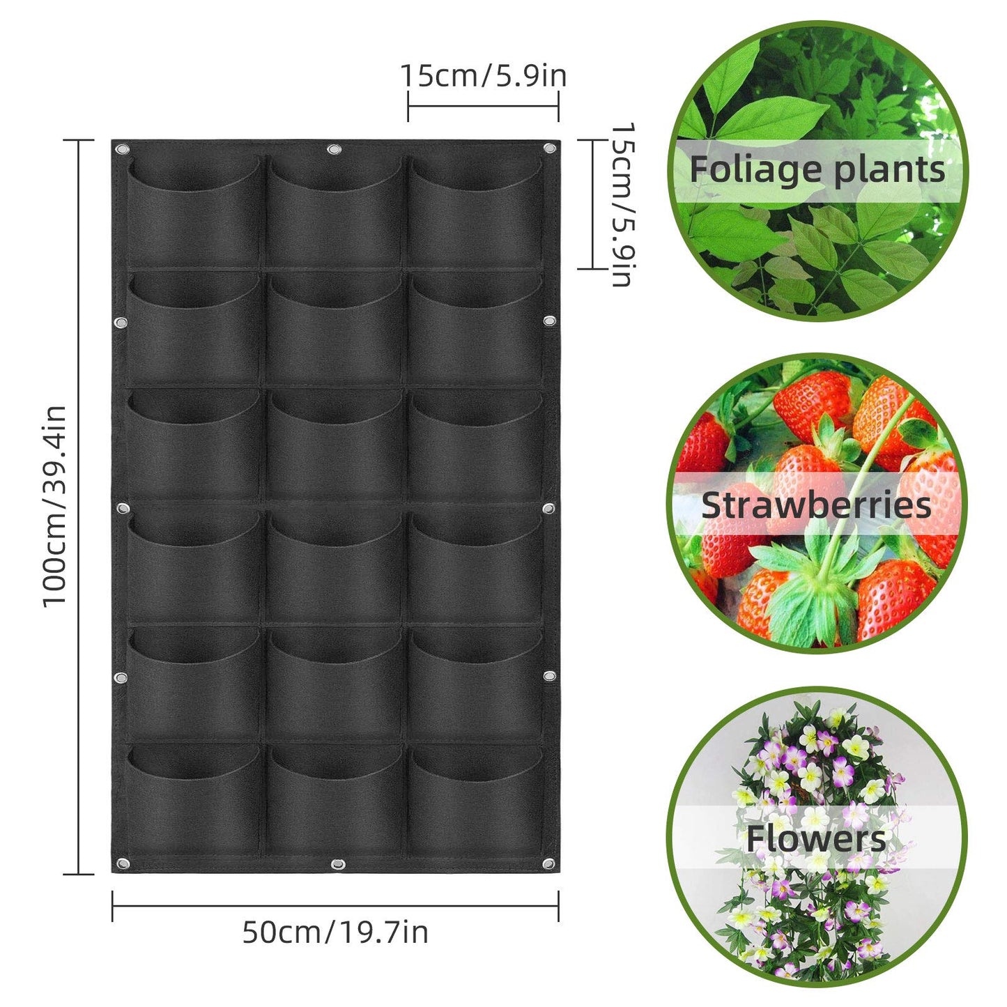 WHATWEARS Hanging Planting Grow Bags, 18 Pockets Hanging Vertical Wall Planter Wall Mounted Grow Bag Outdoor Indoor Gardening Vertical Greening Flower Container, Planting Bags(1.0 m × 0.5 m, Black)
