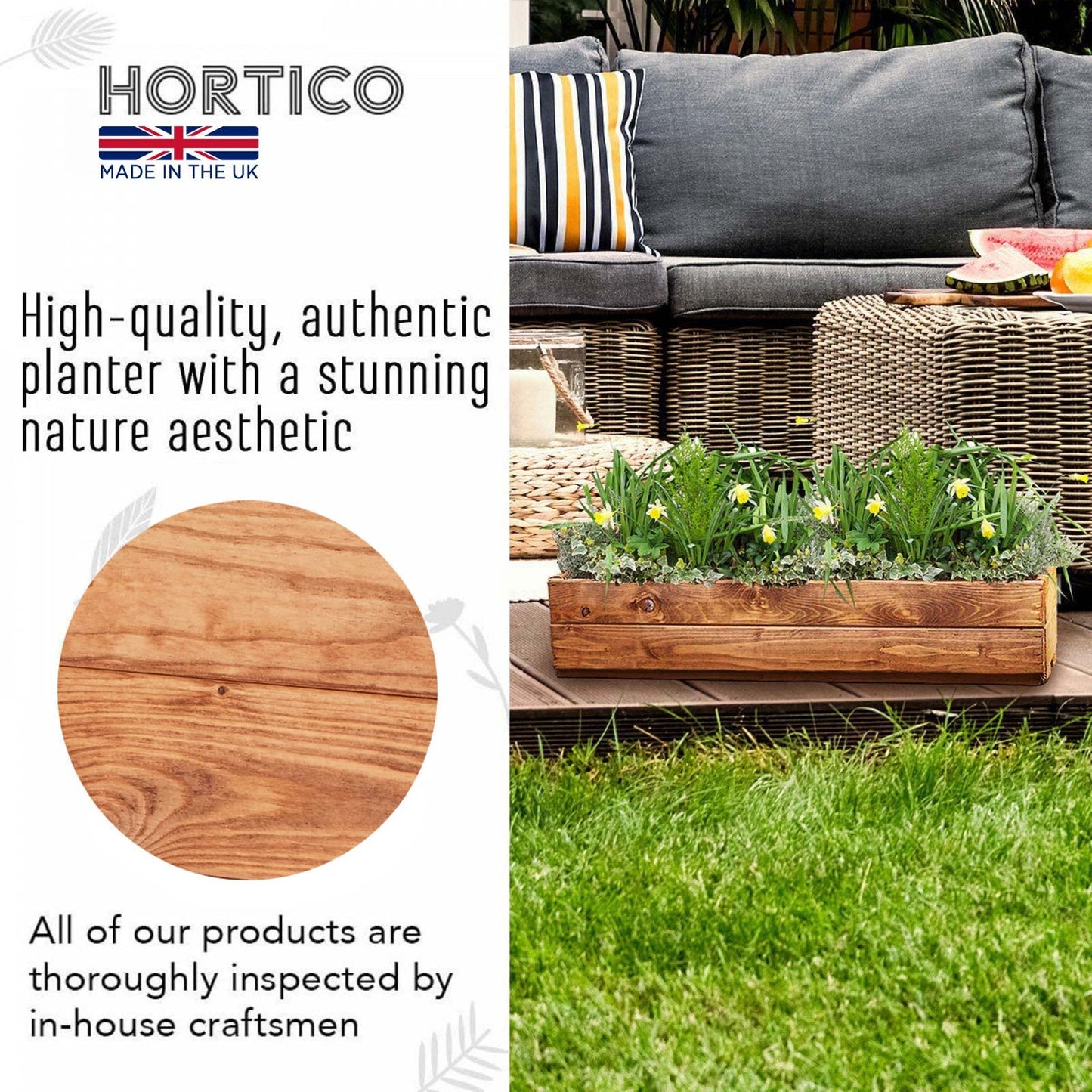 HORTICO Wooden Garden Planters | Window Box | Rectangular Plant Pots Outdoor | Fully Assembled H15 L76 W23 cm, 24.5L, Made in the UK