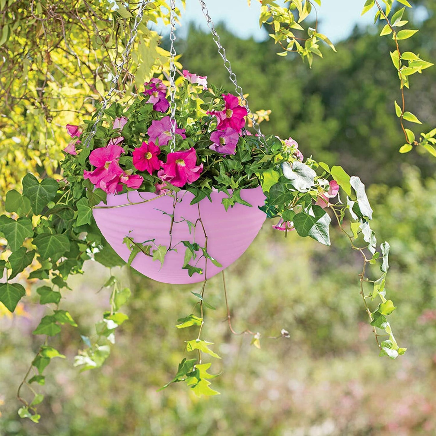 KAHEIGN 5Pcs Plastic Hanging Basket, Hanging Plant Basket Flower Pots Plant Holder Container with Chain Hooks for Plants Flowers Herbs Violets (5 Colors, Weave Pattern)