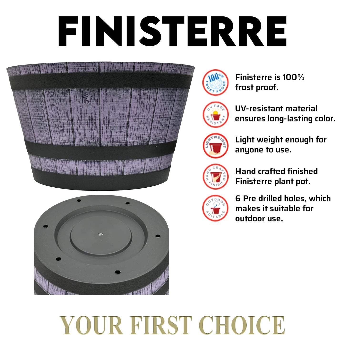 SG Traders Large Half Barrel Cask Planter, Flower Pots Outdoor Garden Planters, Indoor Plant Pot with Drainage Holes, Plastic, Stone Grey with Black Straps, 40cm