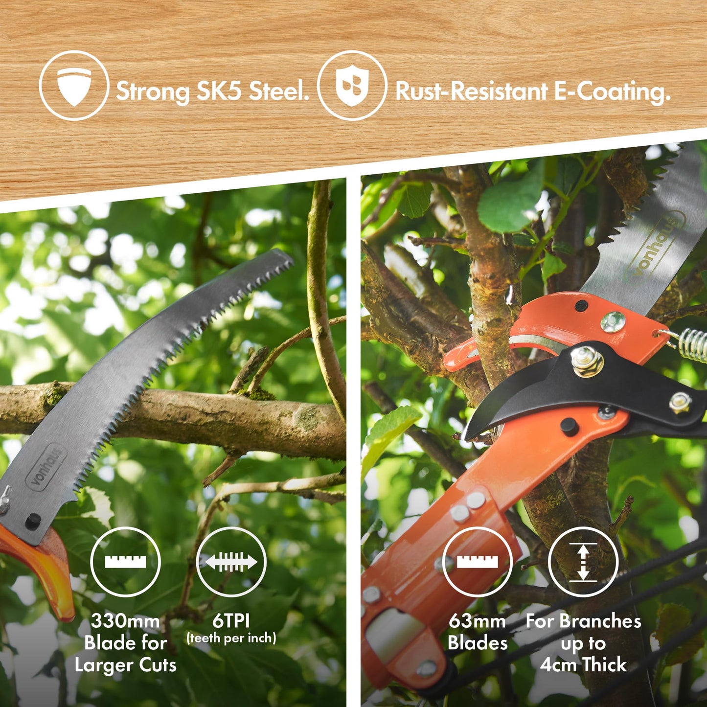 VonHaus Telescopic Tree Pruner & Lopper 2 in 1 – Long Reach 3.3m Cutter, Retractable & Extendable Pole Saw for Branches – Lightweight Aluminium Pole, Steel Blade