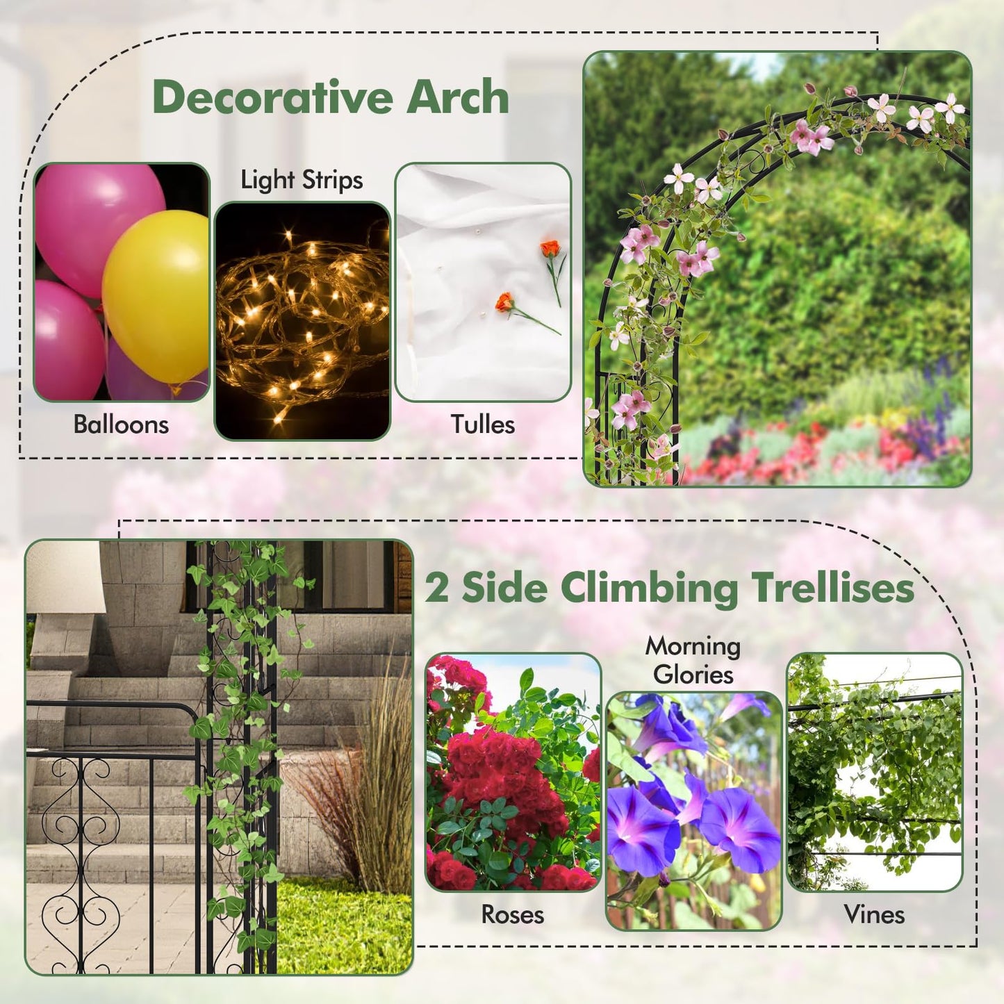 TANGZON Garden Arbor, Metal Arch Arched Top Arbor Trellis with Lockable Gate, Heavy-Duty Trellis Archway for Climbing Plants Grape Vines Wedding Ceremony (with multiple side crossbars,136x58x213cm)