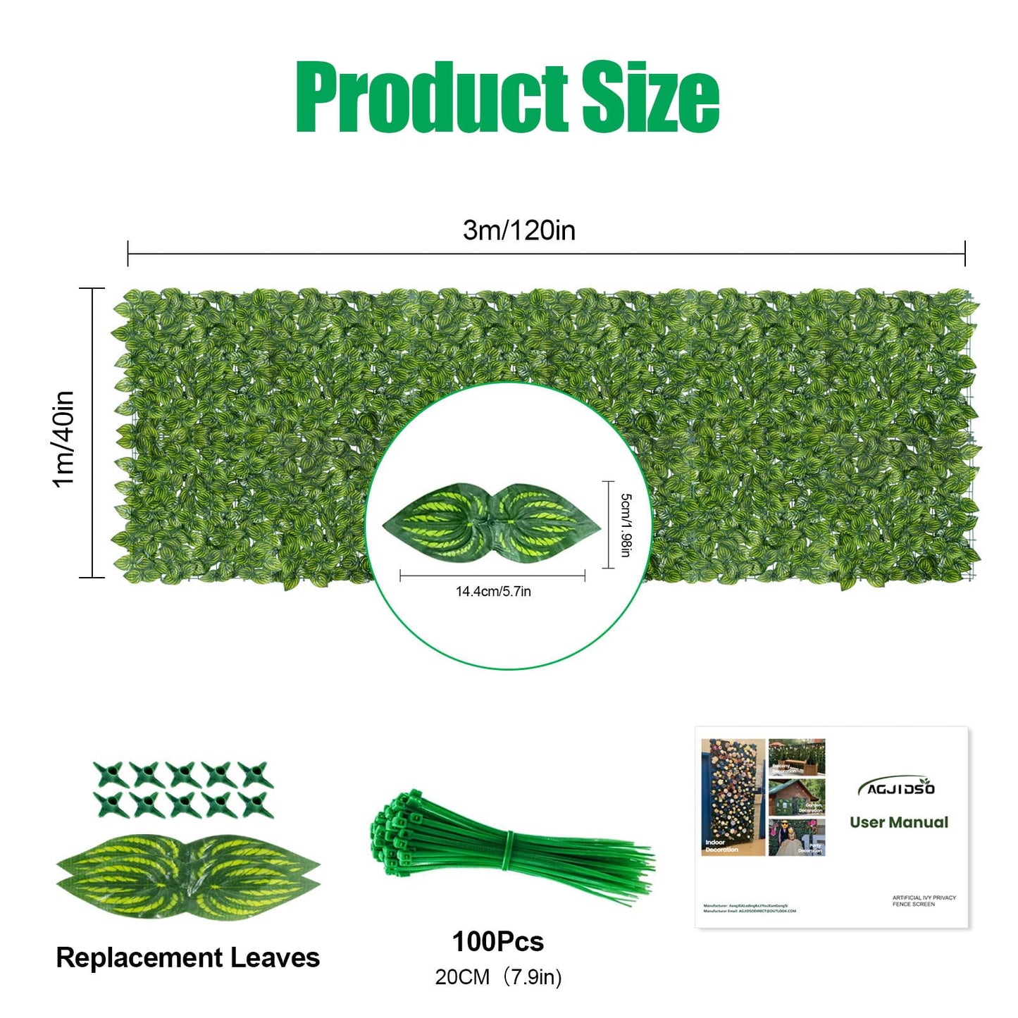 AGJIDSO Artificial Ivy Fence Screening, 3m x 1m (2 * 3x0.5m) Artificial Hedge Roll, Privacy Fence Screen Artificial Hedge Screening for Garden, Balcony, Outdoor, 100PCS Zip Ties
