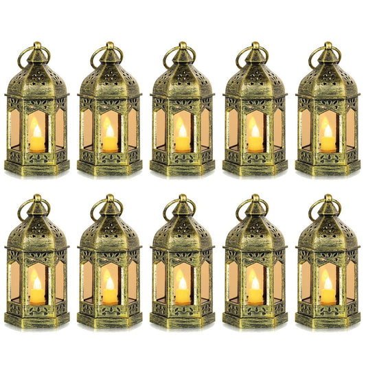 Small Lanterns with LED Candles Set of 10, Hewory Mini Gold Gothic Lantern Vintage Decorative Hanging Garden Lantern for Outside Halloween Christmas Wedding Decorations Party Yard, Battery Included