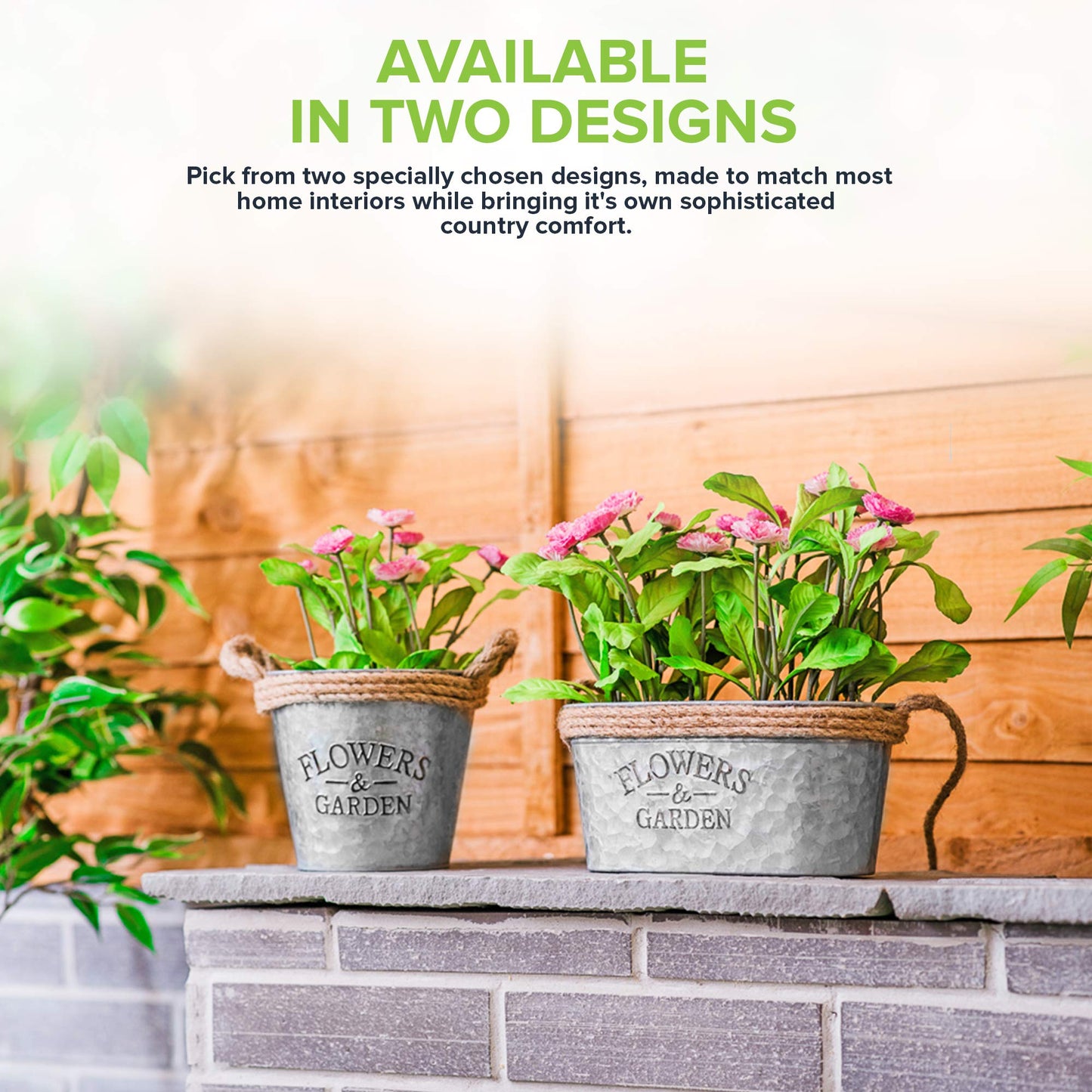 LIVIVO Zinc Plant Pot with Anti-Slug Cotton Rope Handles and 'Flowers & Garden' Design for Outdoor or Indoor Garden, Flower Pot, Herb Garden or Avocado Vase (Set of 3, Round)