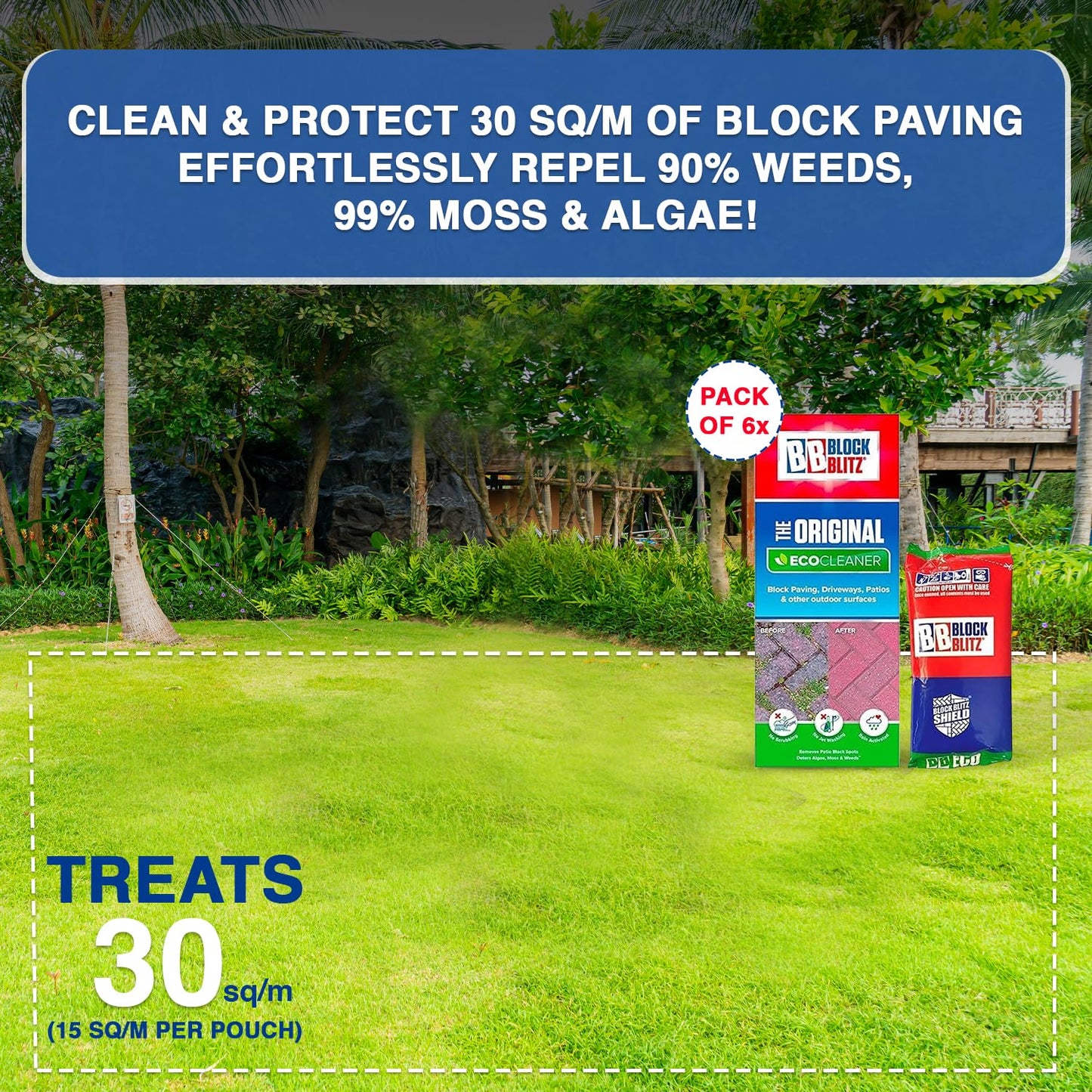 Block Blitz Block Paving Eco Cleaner. Removes and Prevents Algae, Moss, and Black Spot. Deters Weed Growth for up to 6 Months. 6 x Pouches. Treats 30 sq/m.