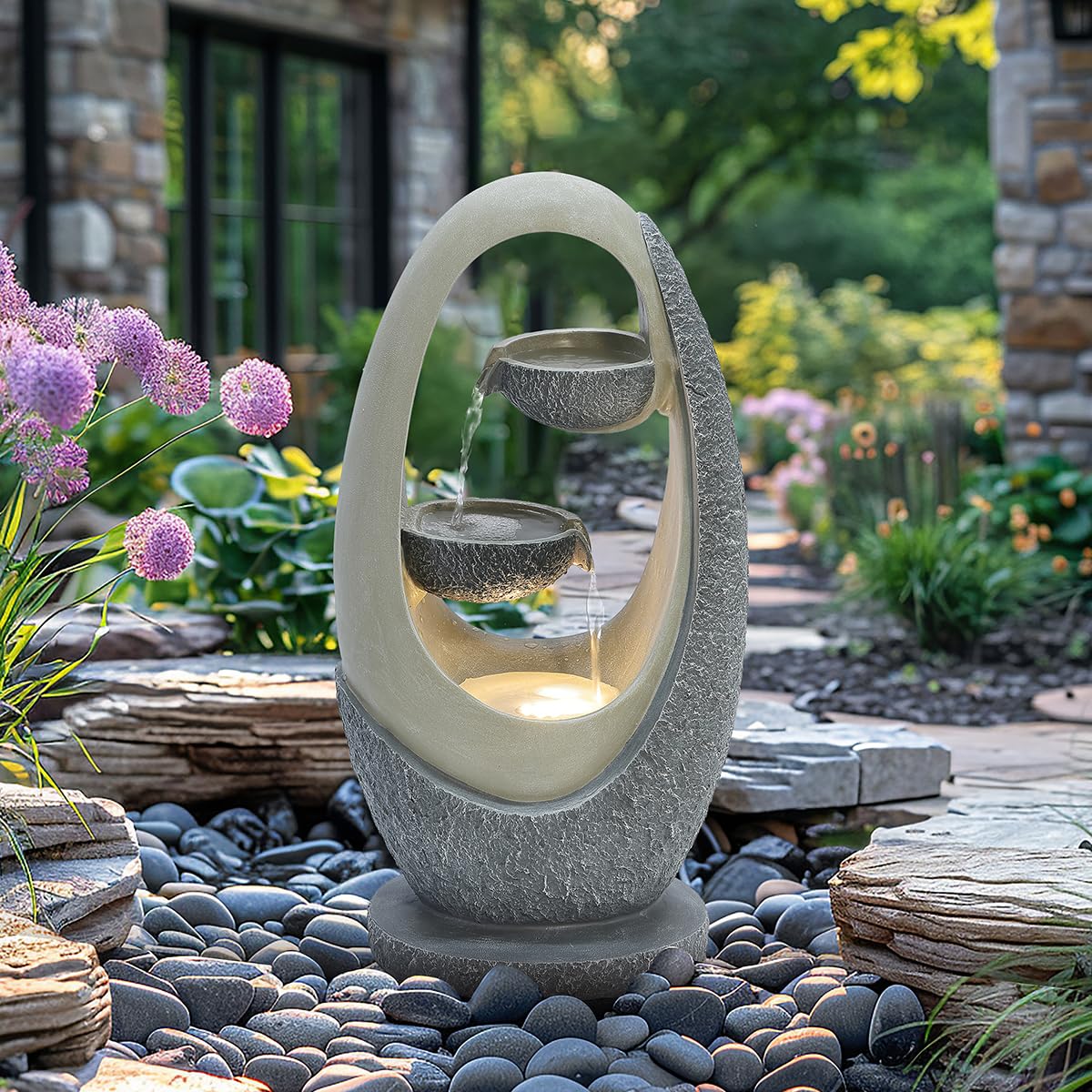 CHARLES BENTLEY 2 Tier Water Feature, UV Resistant, Weather Resistant, Mains Powered, Plug Included, Frost Resistant, Warm White, Water Fountain, Built In LED Lights, Oval Design (59.5x30x23.5cm)