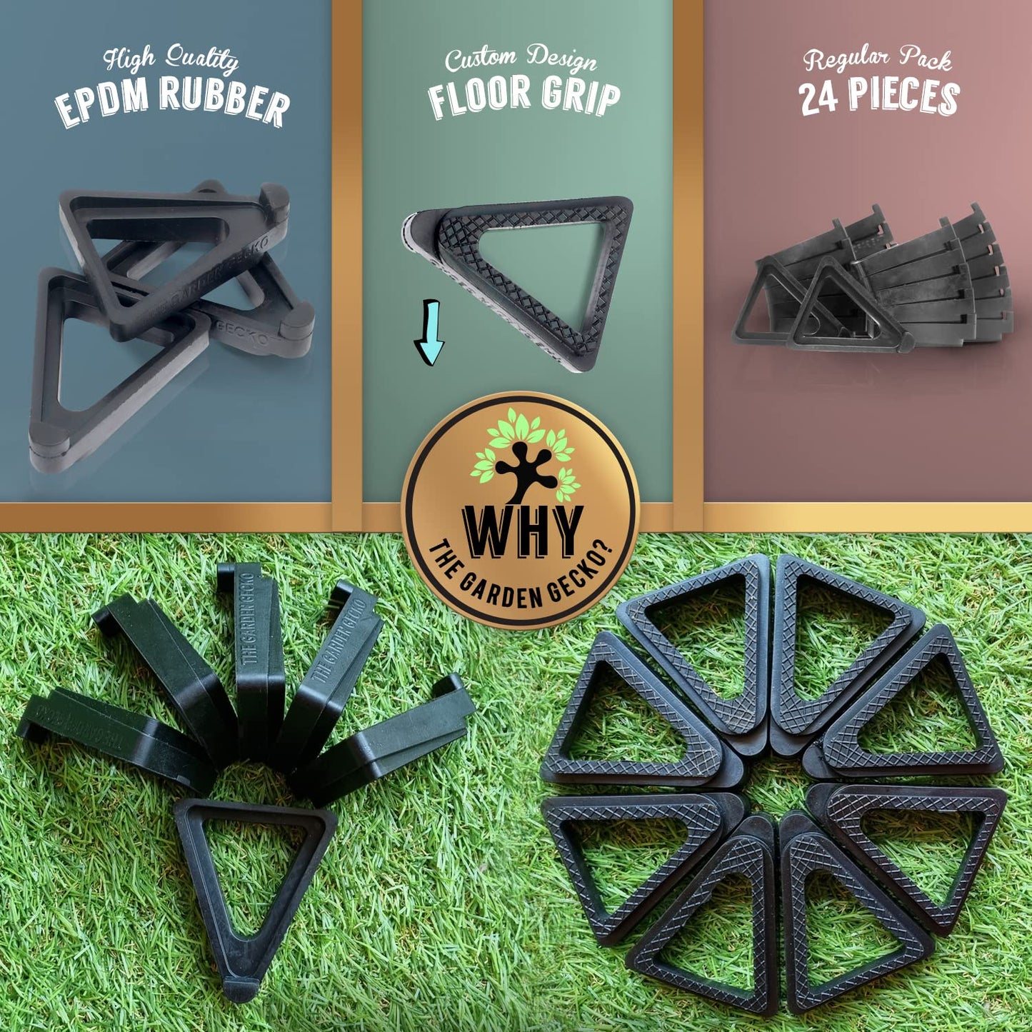 The Garden Gecko Pot feet for outdoor plant pots and flowers, SOLID EPDM RUBBER pot risers with a custom non-slip surface grip | 24 Triangle Hollow Pot-Toe Pcs