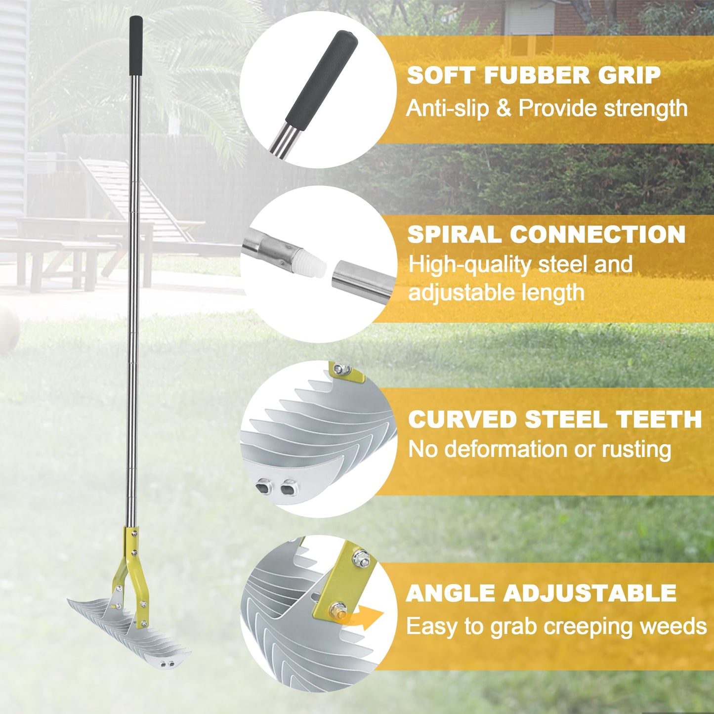 BARAYSTUS Straw Rake, Lawn Rake with 148 cm Adjustable Long Handle Robust Garden Leaf Grabber Made of Carbon Steel, Multi-Purpose Lawn Comb for Weeding, Fertilising Lawn Thatching Rake Cleaning Dead