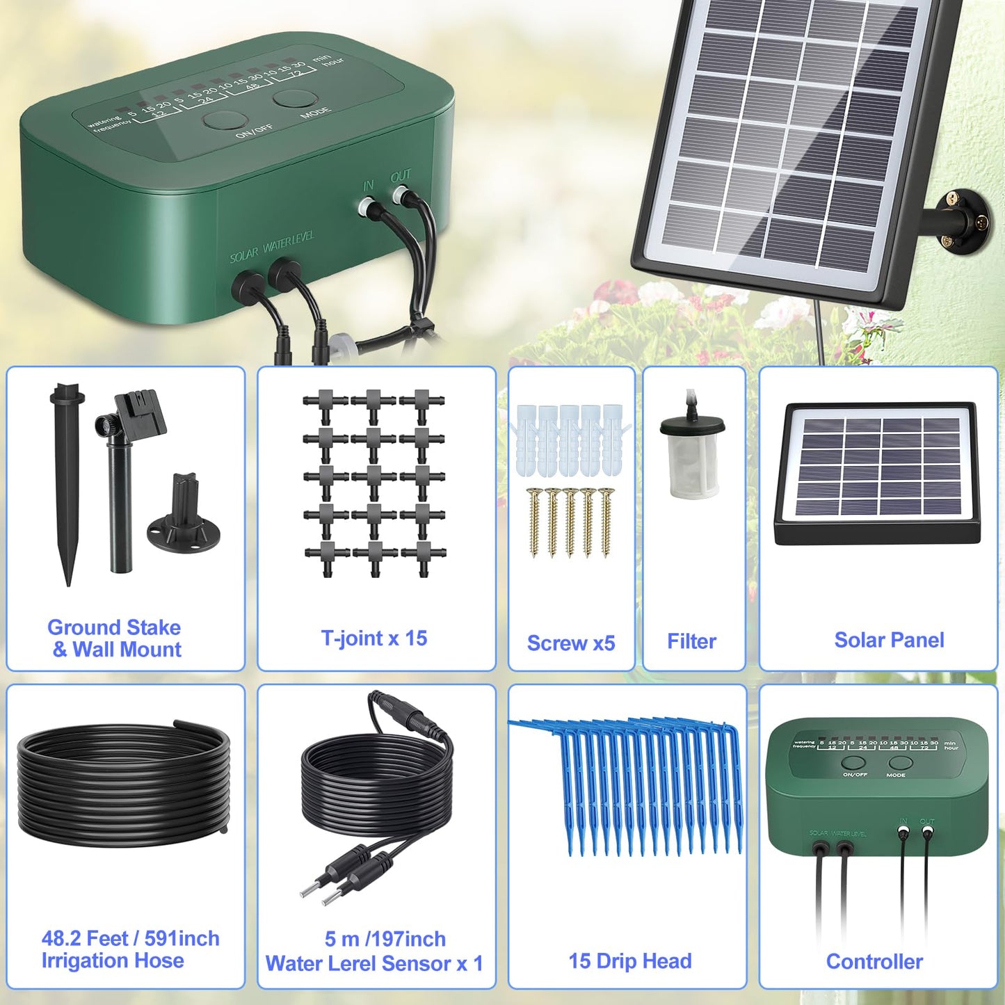 PChero Solar Irrigation System Kit, Automatic Self Watering System with Timer Garden Greenhouse Drip Irrigation System with 15M Hose for Pots Lawn Indoor Outdoor Plants