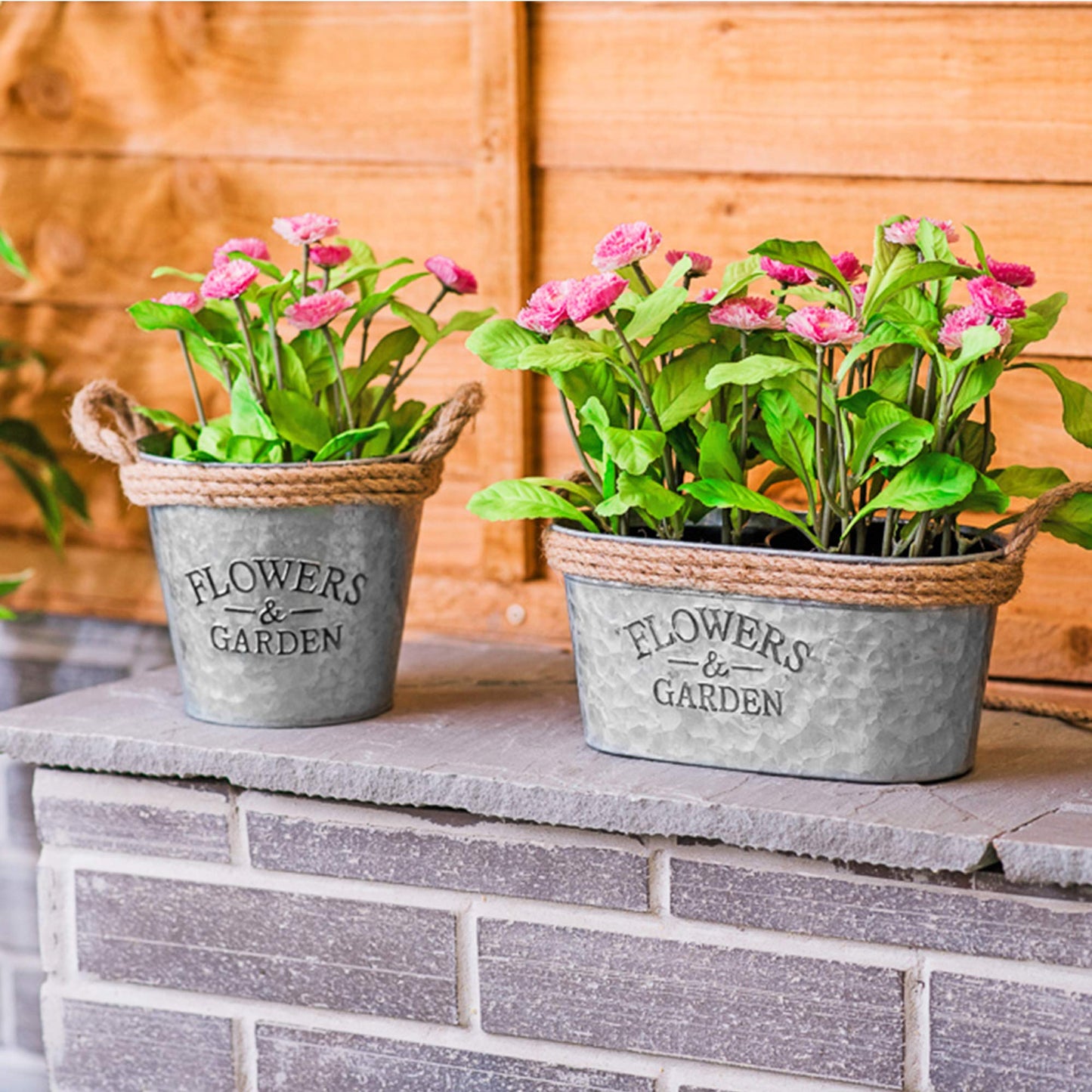 LIVIVO Zinc Plant Pot with Anti-Slug Cotton Rope Handles and 'Flowers & Garden' Design for Outdoor or Indoor Garden, Flower Pot, Herb Garden or Avocado Vase (Set of 3, Round)