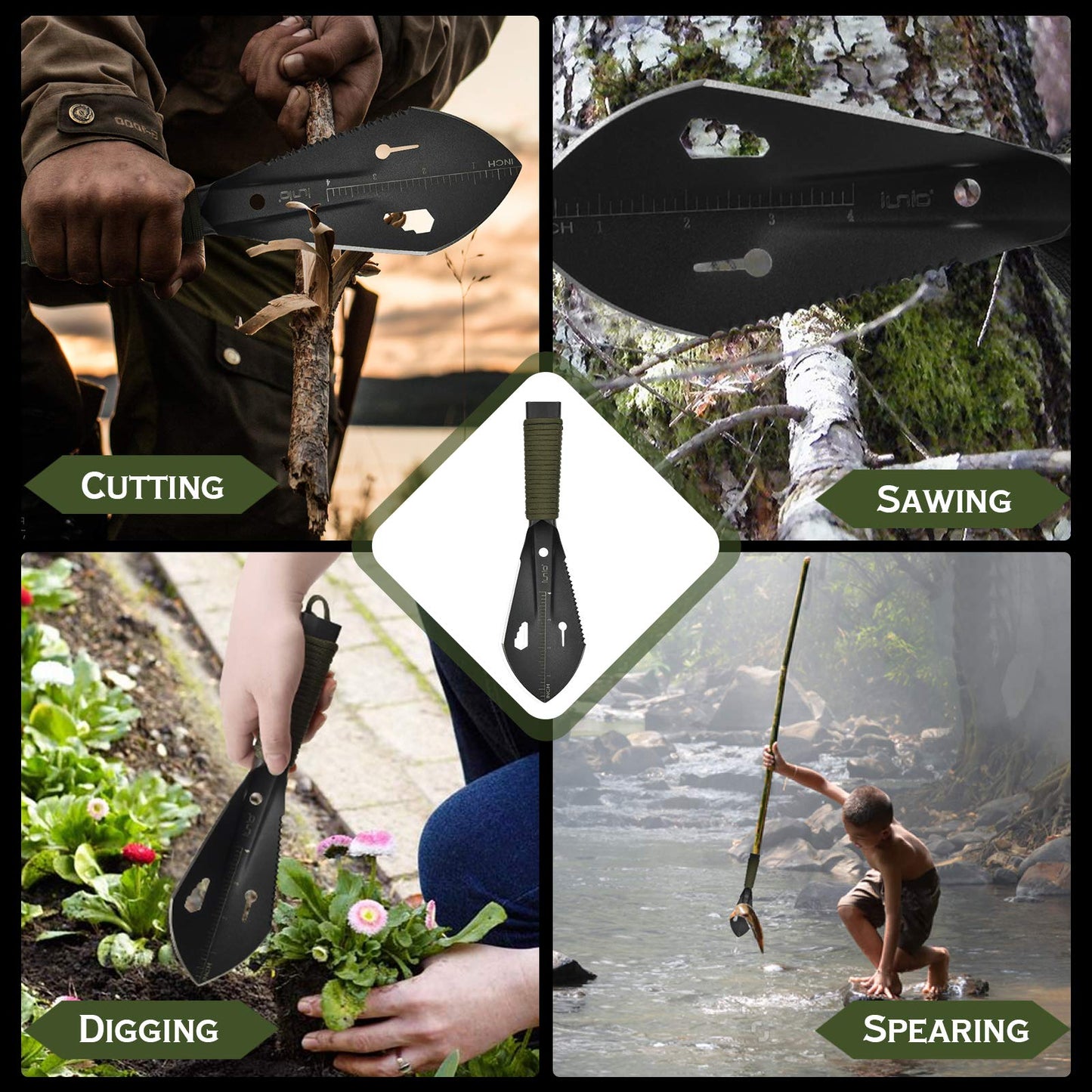 iunio Garden Trowel, Multi Tool Camping Trowel Hand Shovel with Paracord Handle & Carrying Pouch for Metal Detecting, Digging, Gardening, Planting, Outdoor, Black